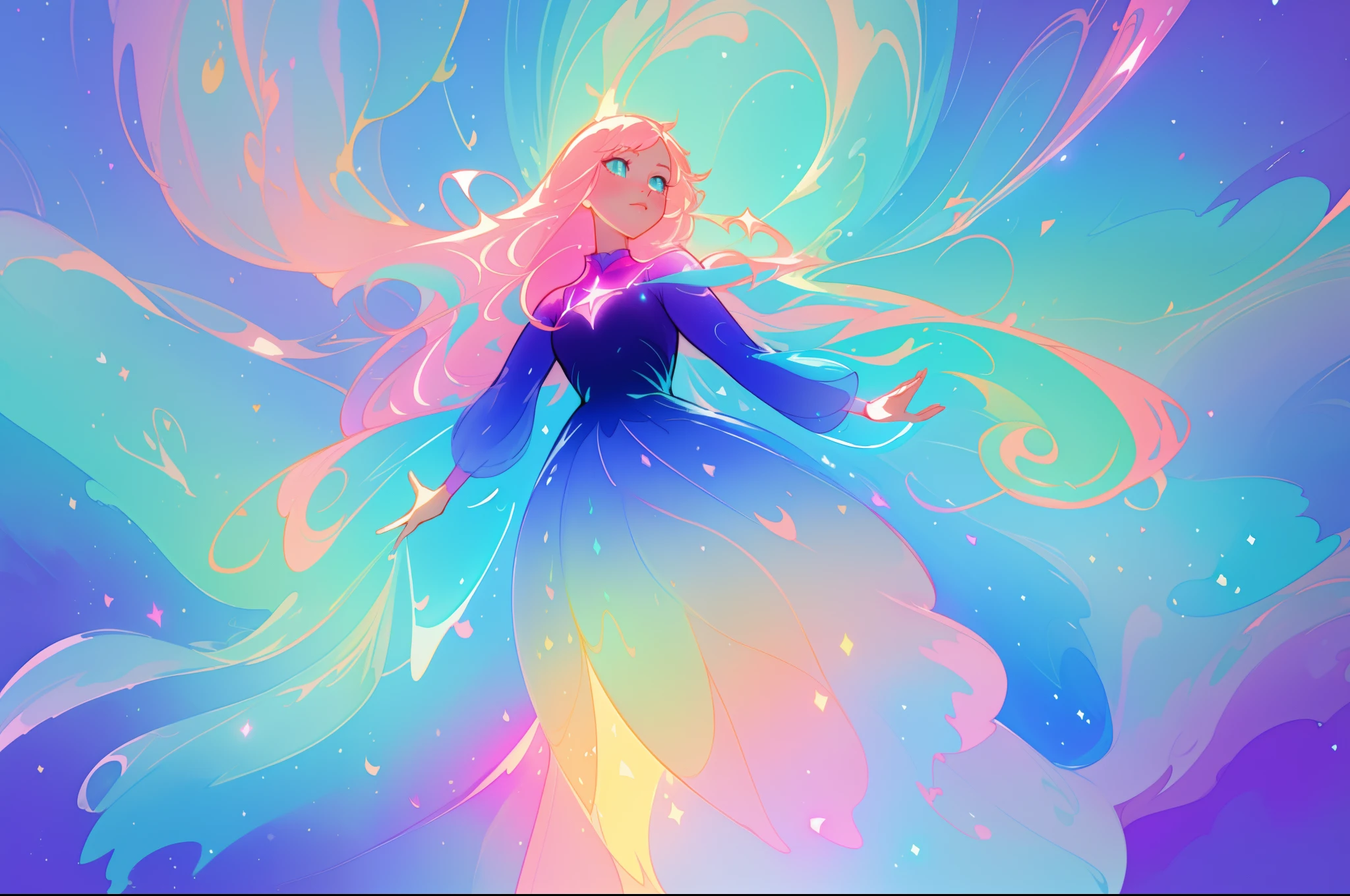beautiful anime girl in colorful liquid dress, vibrant pastel colors, (colorful), magical lights, sparkling lines of light, inspired by Glen Keane, inspired by Lois van Baarle, disney art style, by Lois van Baarle, glowing aura around her, by Glen Keane, jen bartel, glowing lights! digital painting, flowing glowing hair, glowing flowing hair, beautiful digital illustration, fantasia background, whimsical, magical, fantasy, beautiful face, ((masterpiece, best quality)), intricate details, highly detailed, sharp focus, 8k resolution, sparkling detailed eyes, liquid watercolor