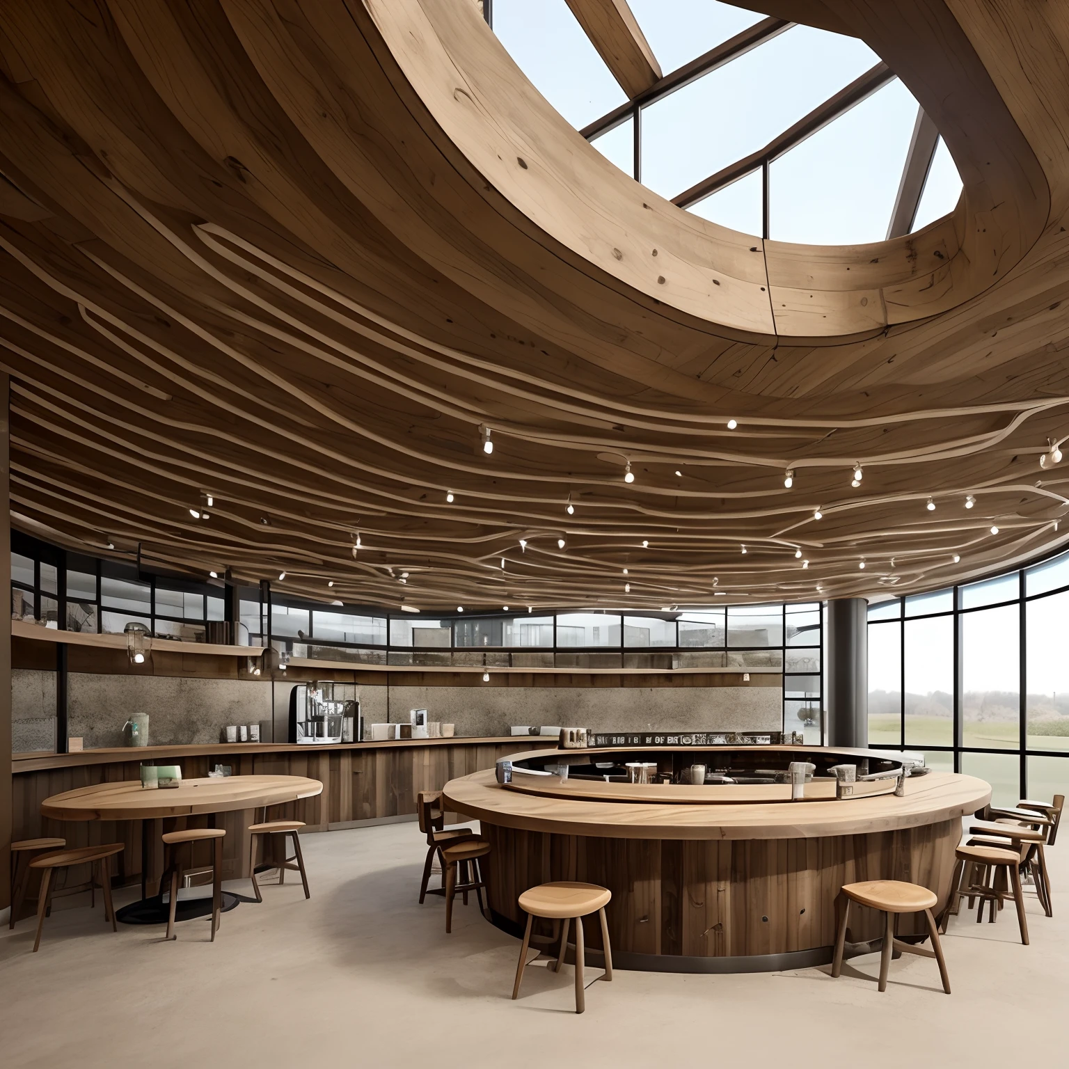 Rustic coffee shop, rounded corners, designed in brutalism style, walnut wood and concrete materials, hyperrealistic, extremely detailed, large sitting places