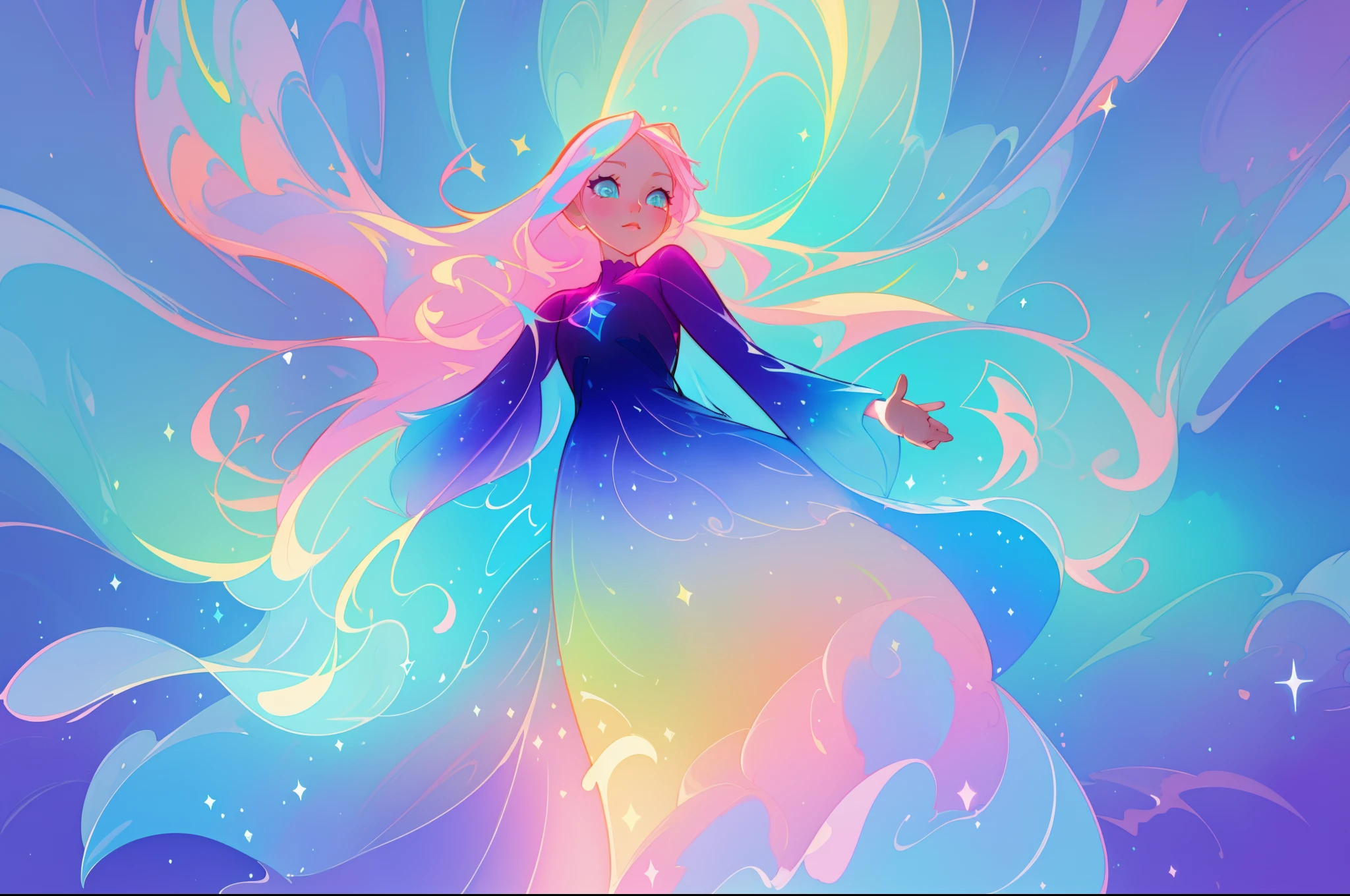 beautiful anime girl in colorful liquid dress, vibrant pastel colors, (colorful), magical lights, sparkling lines of light, inspired by Glen Keane, inspired by Lois van Baarle, disney art style, by Lois van Baarle, glowing aura around her, by Glen Keane, jen bartel, glowing lights! digital painting, flowing glowing hair, glowing flowing hair, beautiful digital illustration, fantasia background, whimsical, magical, fantasy, beautiful face, ((masterpiece, best quality)), intricate details, highly detailed, sharp focus, 8k resolution, sparkling detailed eyes, liquid watercolor