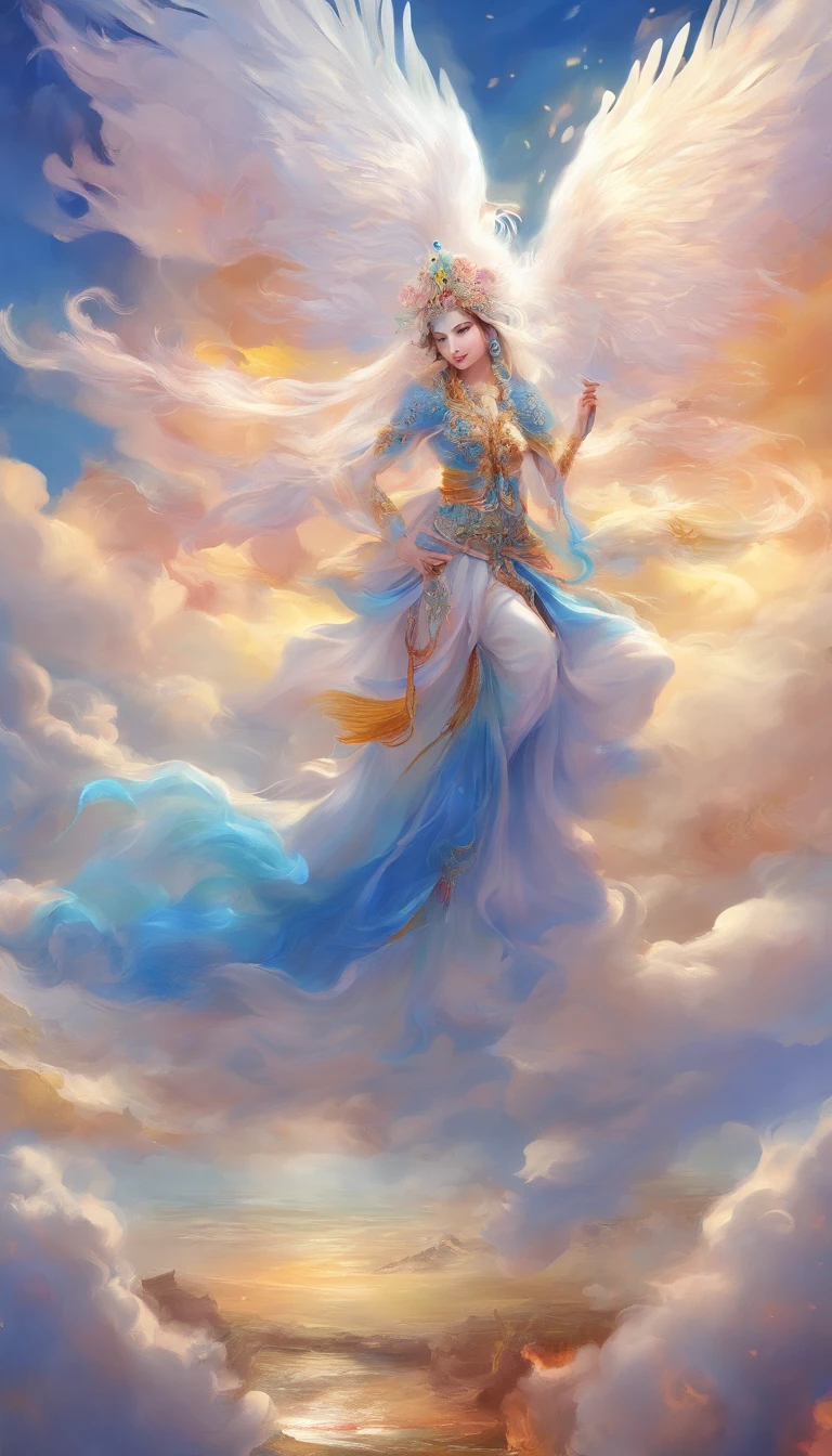 Blue sky in dreams,baiyun,Ultra-ethereal sky,Thick rolling white clouds,Like white clouds in a fairyland,Cloud in the shape of a phoenix,Phoenix Nirvana background,closeup cleavage,(ultra-realistic realism),(Unreal style),(8k wallpaper),(light and shadow effect),rendering by octane,White balance design,Extremely detailed picture depiction,wide angles,depth of fields,tmasterpiece,realisticlying,Beautifully depicted,A detailed,acurate,Works of masters,tmasterpiece