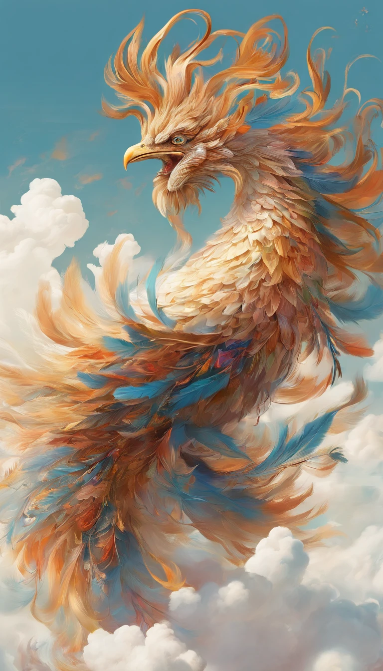 Blue sky in dreams，baiyun，Ultra-ethereal sky，Thick rolling white clouds，Like white clouds in a fairyland，Cloud in the shape of a phoenix，Phoenix Nirvana background，closeup cleavage，（ultra-realistic realism），（Unreal style），（8k wallpaper），（light and shadow effect），rendering by octane，White balance design，Extremely detailed picture depiction，wide angles，depth of fields，tmasterpiece，realisticlying，Beautifully depicted，A detailed，acurate，Works of masters，tmasterpiece