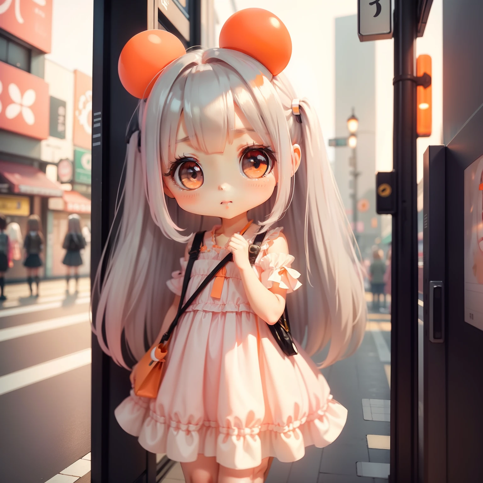 masterpiece、detaileds、Soft lighting、pink dress、Rabbit eared girl with long gray hair、Orange-eyed chibi、akihabara