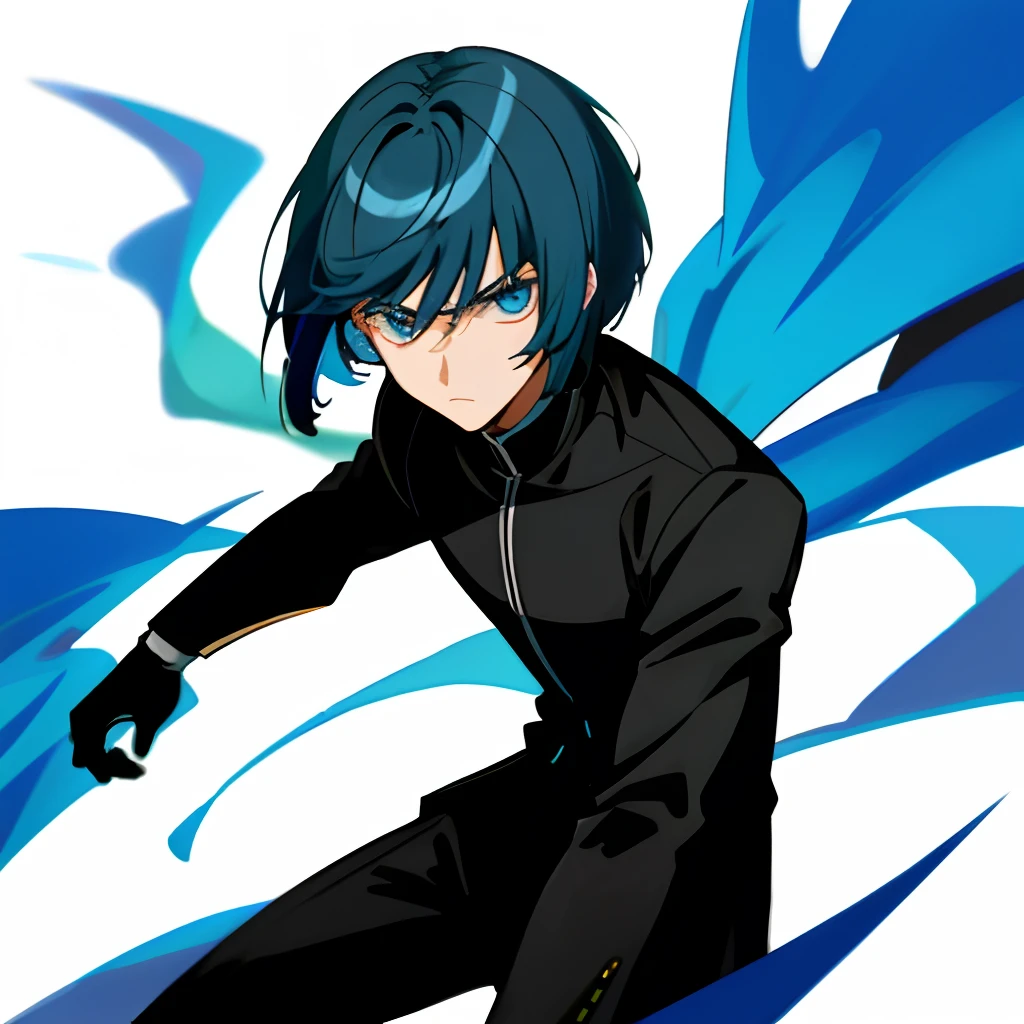 Anime-style guy, in a strict black suit, with blue hair,big blue eyes, Bob haircut,