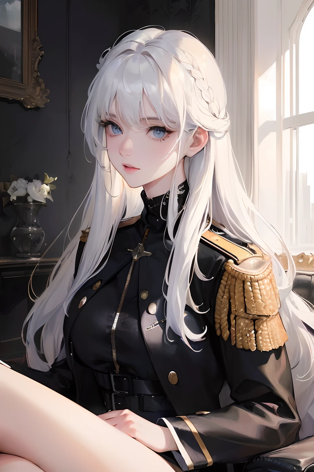 (Highest resolution, distinct_image) The best quality, A woman, Masterpiece, Highly detailed, Half realistic, Long white hair bangs, 20yr old, shoulder-lengthhair, mature, Young, Black clothing, black uniforms, army suit, Military academy, Beautiful, Heroic, Heroic, indoor background, Delicate and delicate facial features,blue color eyes,flatchest