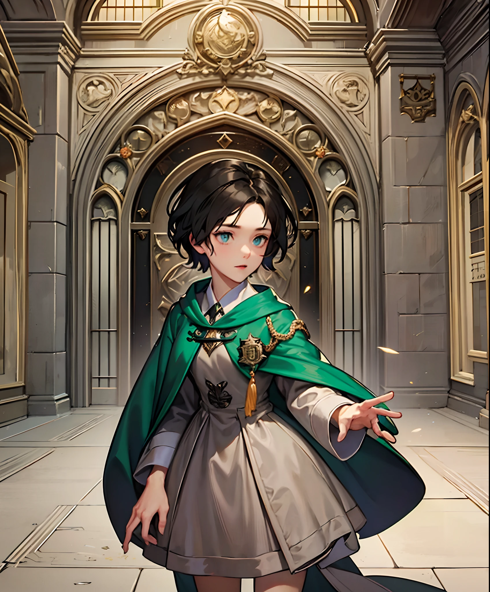 1 girl short medium black hair wearing hogwarts slytherin robes, in a room filled of light, medium shot of character, in hogwarts, hogwarts style, dressed with fluent clothes, from bravely default ii, magic awakened, hogwarts legacy, style game square enix --auto --s2