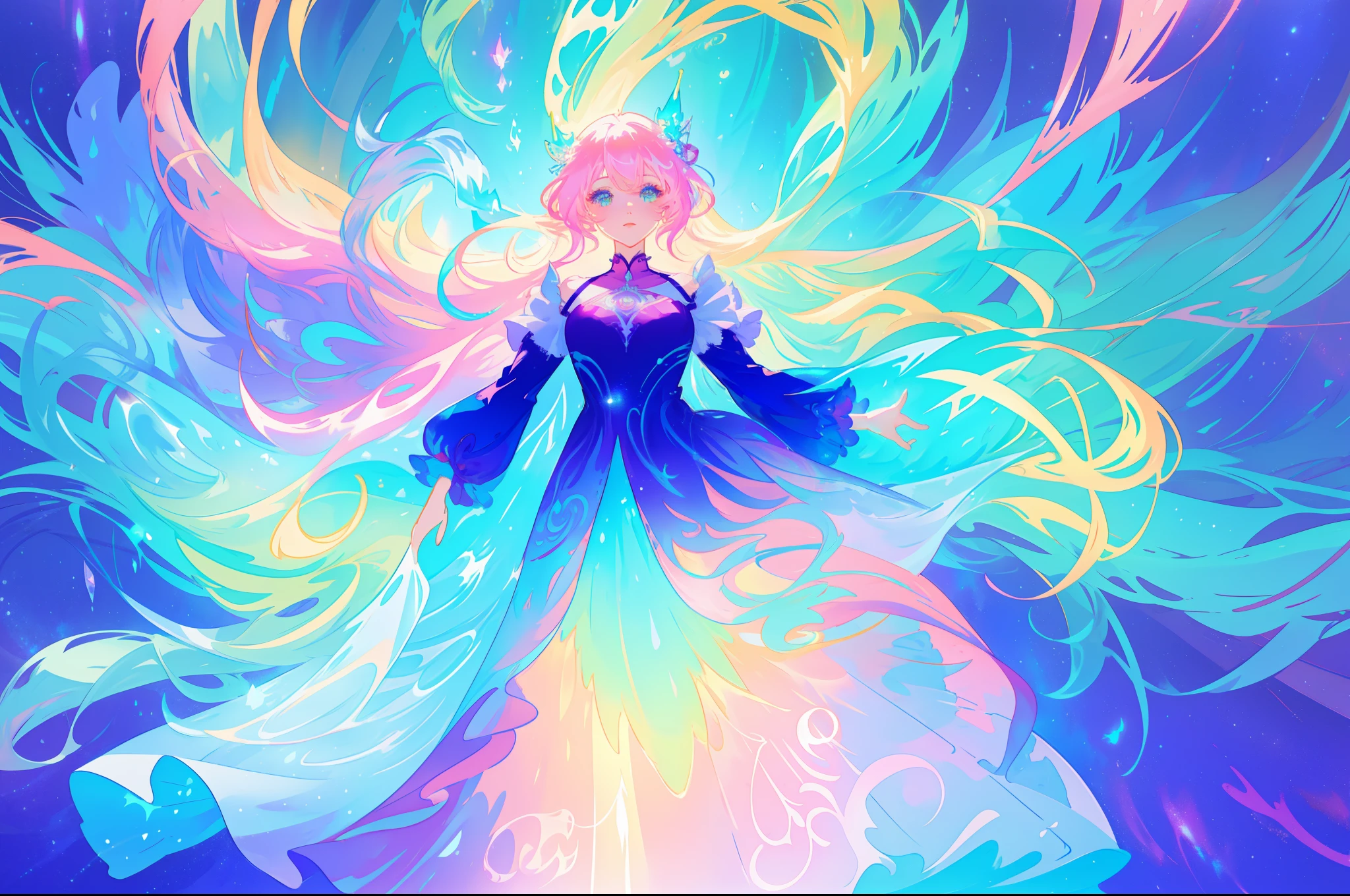 beautiful anime girl in colorful layered puffy long sleeve ballgown, long flowing colorful hairs, liquid light, vibrant pastel colors, (colorful), magical lights, sparkling lines of light, inspired by Glen Keane, inspired by Lois van Baarle, disney art style, by Lois van Baarle, glowing aura around her, by Glen Keane, jen bartel, glowing lights! digital painting, flowing glowing hair, glowing flowing hair, beautiful digital illustration, fantasia background, whimsical, magical, fantasy, beautiful face, ((masterpiece, best quality)), intricate details, highly detailed, sharp focus, 8k resolution, sparkling detailed eyes, liquid watercolor