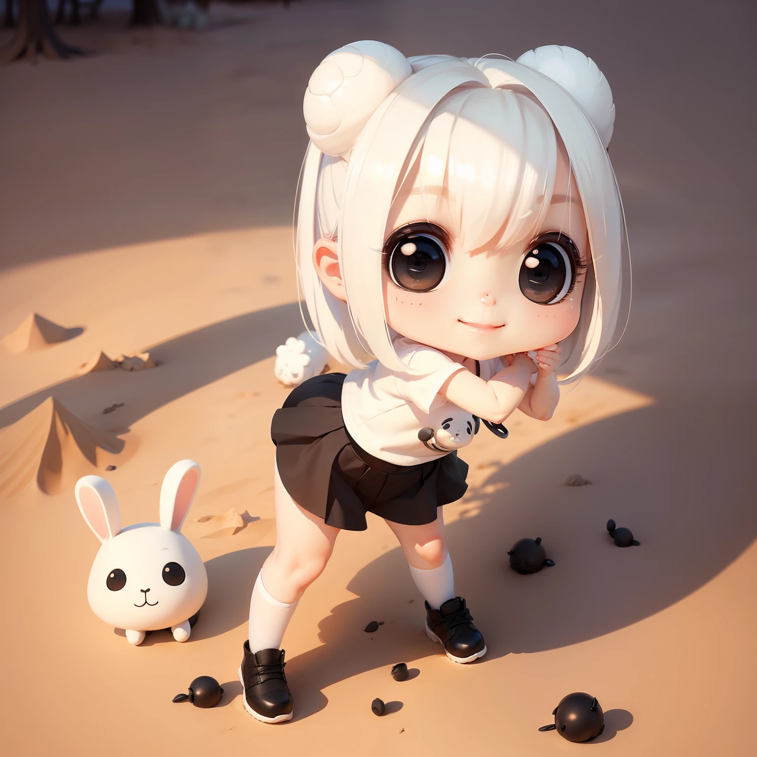 masterpiece、detaileds、Soft lighting、a smile、tshirts、a miniskirt、White-haired rabbit-eared girl、Black-eyed chibi、a park、Playing in the sand