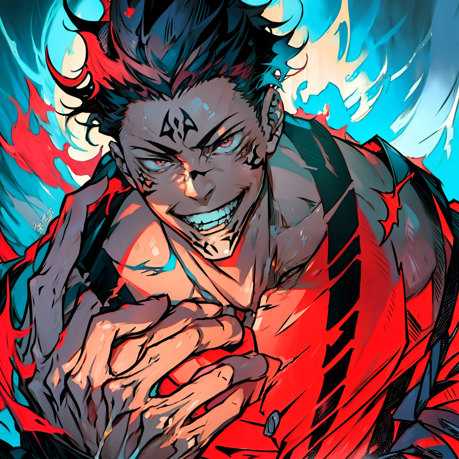 (​masterpiece, top-quality:1.2) Ryomenskna (Jujutsu Kaisen), ryoumen, Sukuna, ember, Solo, 4K, hight resolution, 详细的脸, face tattoo, cinematic lightening, Badass, a smile, macabre smile