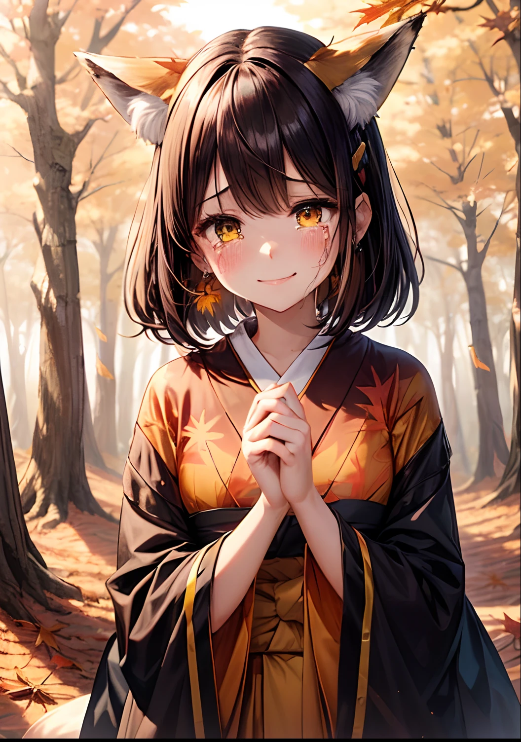 absurderes, ultra-detailliert,bright colour, (1girl in:1.4),(A very beautiful forest of autumn leaves:1.5),extremely beautiful detailed anime face and eyes, (Fox personification:1.3),blushing、Yellow skin、amber eyes、Brown smooth straight hair、Bright kimono with yellow base、Lots of autumn leaves、(Autumn Dusk 1.3)、Orange view、Shiny hair,depth of fields, Delicate beautiful face,White skin, hair clips, earrings,(sad smile crying:1.3),double tooth