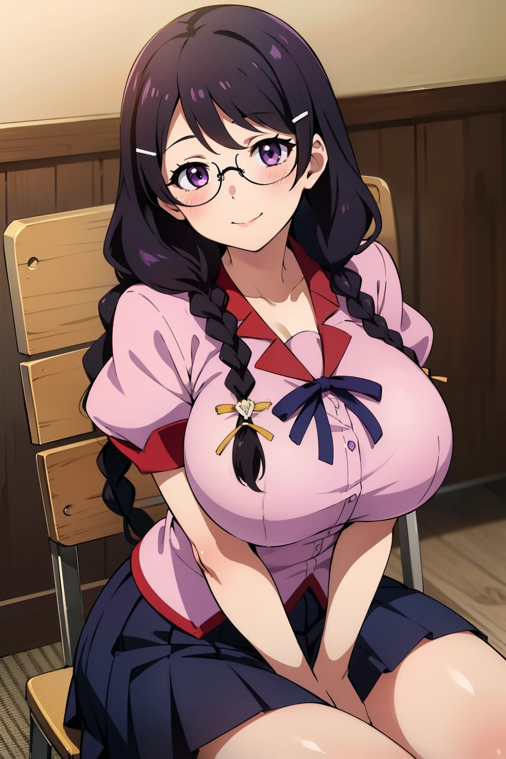 best quality, high resolution, 1girl, (huge breasts:1.2), school uniform, skirt, school, blush, smile,  closed mouth, sitting, chair, hanekawa tsubasa, long hair, black hair, hair ornament, (purple eyes:1.1), braid, hairclip, twin braids, glasses,