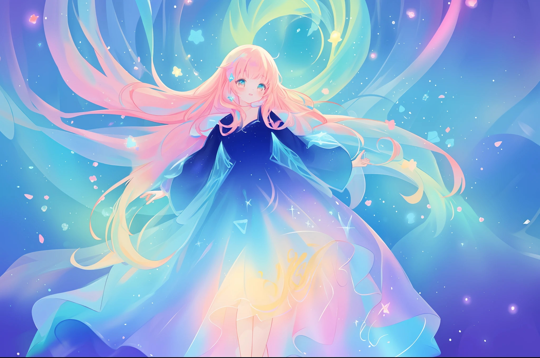 beautiful anime girl in colorful layered puff long sleeve ballgown, flowing long colorful hair, liquid light, vibrant pastel colors, (colorful), magical lights, sparkling lines of light, inspired by Glen Keane, inspired by Lois van Baarle, disney art style, by Lois van Baarle, glowing aura around her, by Glen Keane, jen bartel, glowing lights! digital painting, flowing glowing hair, glowing flowing hair, beautiful digital illustration, fantasia background, whimsical, magical, fantasy, beautiful face, ((masterpiece, best quality)), intricate details, highly detailed, sharp focus, 8k resolution, sparkling detailed eyes, liquid watercolor