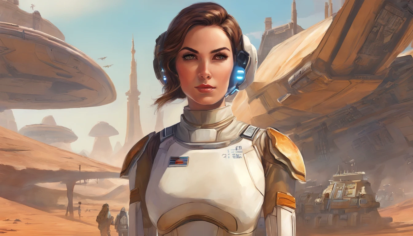 Close-up of female Imperial stormtrooper with desert in the background, inspired by concept art by Magalie Villeneuve, trending on cg society, AB ""Star Wars": The Old Republic", influenced by Ralph McQuarrie's concept art. The stormtrooper has a strong and confident expression on his face, emphasizing detailed facial features, such as beautiful detailed eyes, detailed lips, and extremely detailed eyes and face. She is dressed in the traditional white armor of a stormtrooper, With a sleek and futuristic design. The city in the background is bustling with life, with futuristic buildings and aircraft, creating a feeling of a bright and developed metropolis. A work of art is visualized in an environment, combining elements of illustration, 3D Rendering, and photography, The result is a visually stunning and immersive piece. The colors and lighting are bright and dynamic, Enhancing the overall atmosphere of the artwork. Image quality is paramount, With the best quality, 4K or 8K resolution, hight resolution, And a masterpiece:1.2, which makes it a true masterpiece in terms of quality and detail.