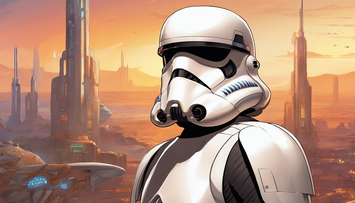 Close-up of female Imperial stormtrooper with desert in the background, inspired by concept art by Magalie Villeneuve, trending on cg society, AB ""Star Wars": The Old Republic", influenced by Ralph McQuarrie's concept art. The stormtrooper has a strong and confident expression on his face, emphasizing detailed facial features, such as beautiful detailed eyes, detailed lips, and extremely detailed eyes and face. She is dressed in the traditional white armor of a stormtrooper, With a sleek and futuristic design. The city in the background is bustling with life, with futuristic buildings and aircraft, creating a feeling of a bright and developed metropolis. A work of art is visualized in an environment, combining elements of illustration, 3D Rendering, and photography, The result is a visually stunning and immersive piece. The colors and lighting are bright and dynamic, Enhancing the overall atmosphere of the artwork. Image quality is paramount, With the best quality, 4K or 8K resolution, hight resolution, And a masterpiece:1.2, which makes it a true masterpiece in terms of quality and detail.