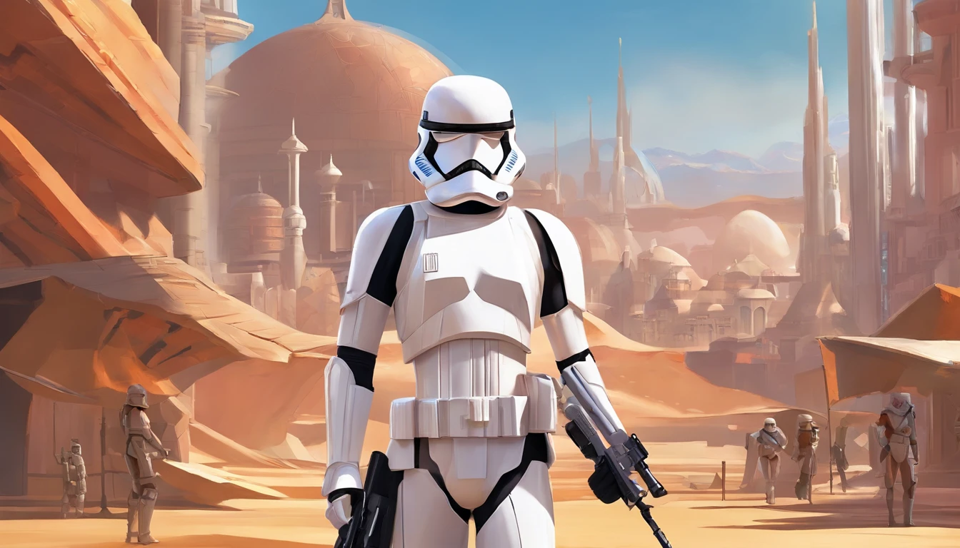 Close-up of female Imperial stormtrooper with desert in the background, inspired by concept art by Magalie Villeneuve, trending on cg society, AB ""Star Wars": The Old Republic", influenced by Ralph McQuarrie's concept art. The stormtrooper has a strong and confident expression on his face, emphasizing detailed facial features, such as beautiful detailed eyes, detailed lips, and extremely detailed eyes and face. She is dressed in the traditional white armor of a stormtrooper, With a sleek and futuristic design. The city in the background is bustling with life, with futuristic buildings and aircraft, creating a feeling of a bright and developed metropolis. A work of art is visualized in an environment, combining elements of illustration, 3D Rendering, and photography, The result is a visually stunning and immersive piece. The colors and lighting are bright and dynamic, Enhancing the overall atmosphere of the artwork. Image quality is paramount, With the best quality, 4K or 8K resolution, hight resolution, And a masterpiece:1.2, which makes it a true masterpiece in terms of quality and detail.