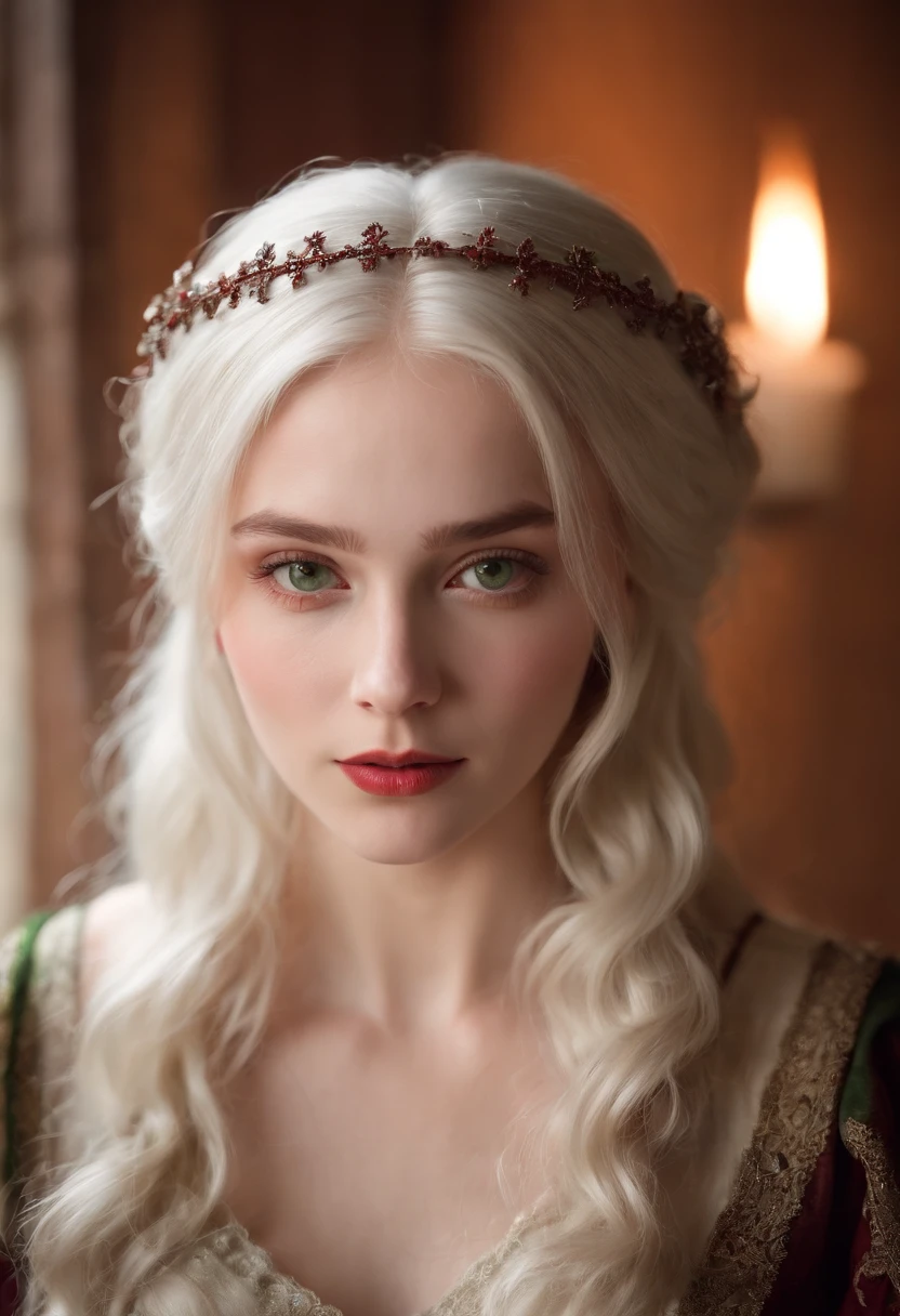 (((a deep reddish wound crosses her left cheek))) fair complexion, woman around 19 years old, natural white hair, distinctive green eyes, wearing kohl, slender and graceful, beautiful, candlelight in a medieval setting, ultra sharp focus, realistic shot, medieval female clothes, tetradic colors (scar:1.4)