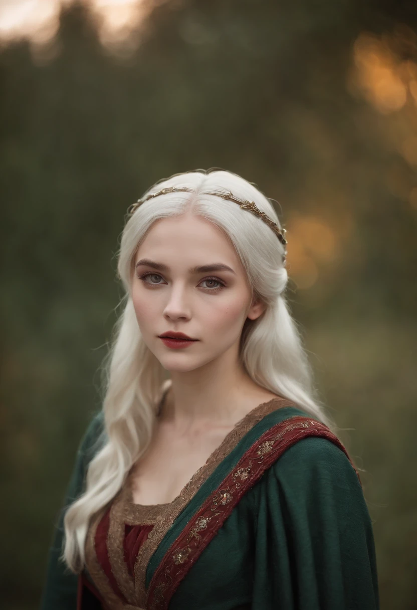 (((a deep reddish wound crosses her left cheek))) fair complexion, woman around 19 years old, natural white hair, distinctive green eyes, wearing kohl, slender and graceful, beautiful, candlelight in a medieval setting, ultra sharp focus, realistic shot, medieval female clothes, tetradic colors (scar:1.4)