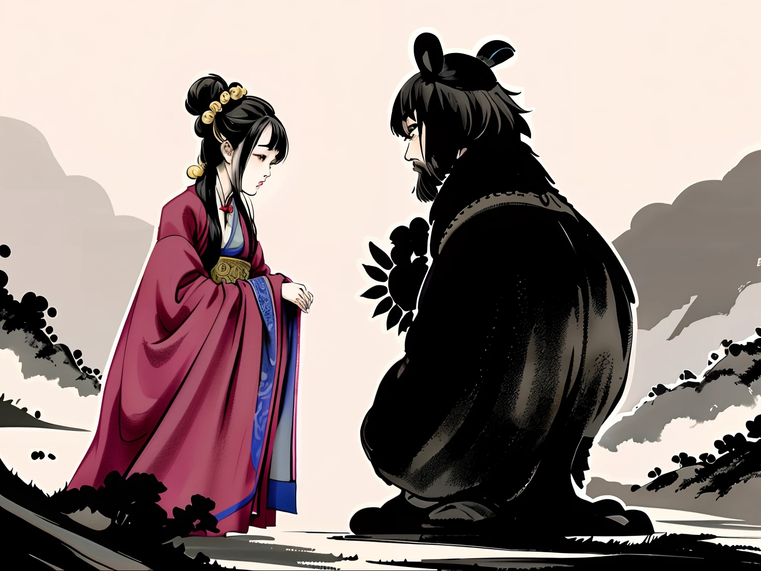 A painting of a man and woman in traditional dress talking, yiqiang and shurakrgt, Inspired by Seki Dosheng, ruan jia and arthur rackham, inspired by Li Rongjin, Line sketch, extremely fine ink lineart, inspired by Huang Gongwang, Inspired by Zhao Yuan, Inspired by Cao Zhibai