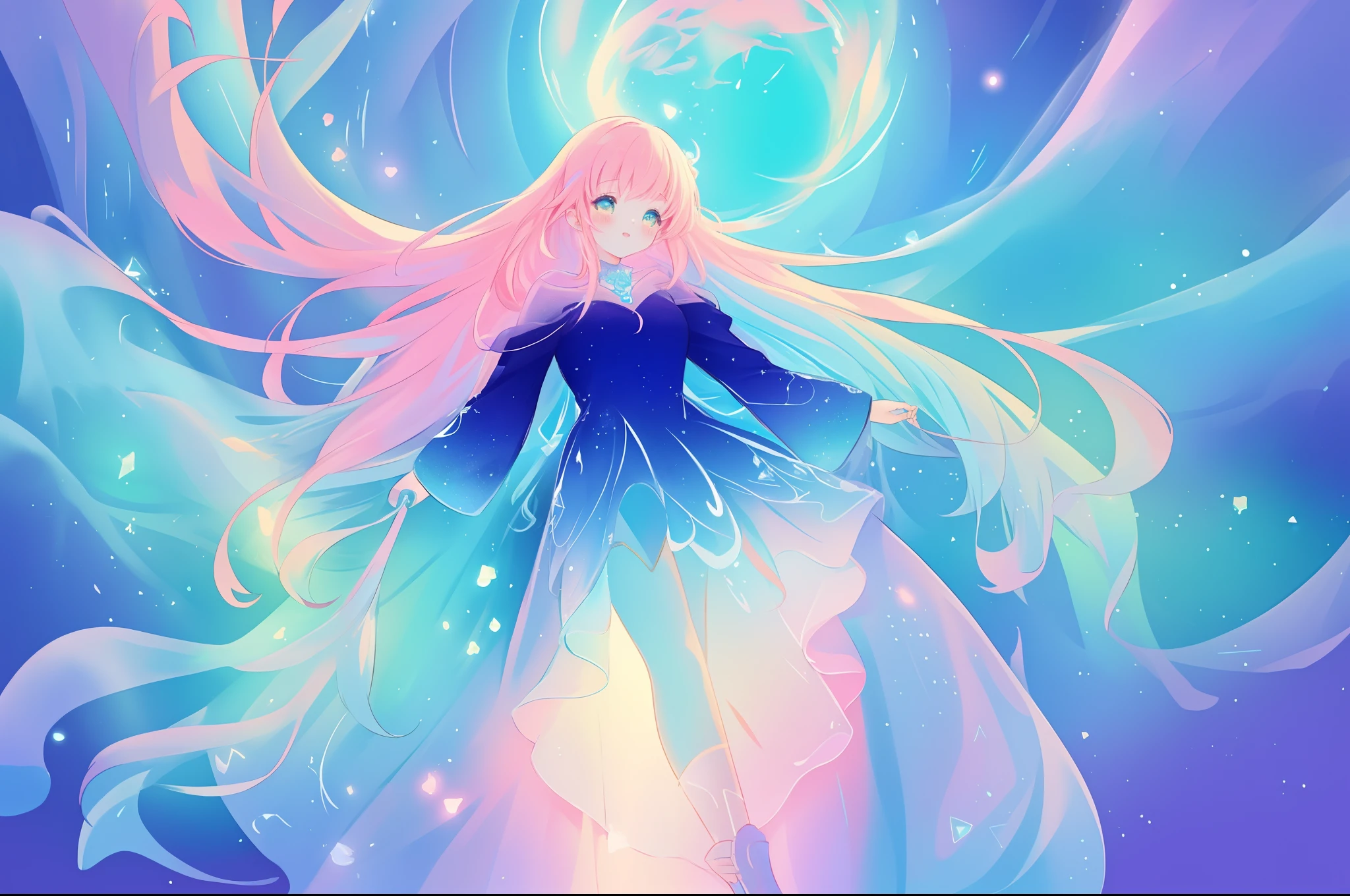 beautiful anime girl in colorful layered puff long sleeve ballgown, flowing long colorful hair, liquid light, vibrant pastel colors, (colorful), magical lights, sparkling lines of light, inspired by Glen Keane, inspired by Lois van Baarle, disney art style, by Lois van Baarle, glowing aura around her, by Glen Keane, jen bartel, glowing lights! digital painting, flowing glowing hair, glowing flowing hair, beautiful digital illustration, fantasia background, whimsical, magical, fantasy, beautiful face, ((masterpiece, best quality)), intricate details, highly detailed, sharp focus, 8k resolution, sparkling detailed eyes, liquid watercolor