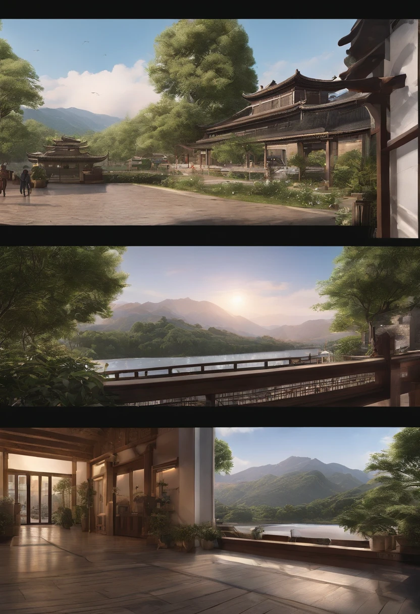 （（（Comic storyboard））），comic strip，Two-dimensional picture，Manhwa Style，Makoto Shinkai animation style，Makoto Shinkai animation film art style，Ultra-wide angle of view，China-style，A town with beautiful landscapes，Faraway view，super-fine，ultra - detailed，high qulity，8K ，oc rendered，dynamic viewing angle，Hyper Real，Ultra photo realsisim