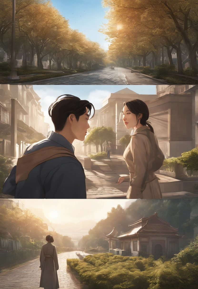 （（（Comic storyboard））），comic strip，Two-dimensional picture，Manhwa Style，Makoto Shinkai animation style，Makoto Shinkai animation film art style，Ultra-wide angle of view，China-style，A town with beautiful landscapes，Faraway view，super-fine，ultra - detailed，high qulity，8K ，oc rendered，dynamic viewing angle，Hyper Real，Ultra photo realsisim