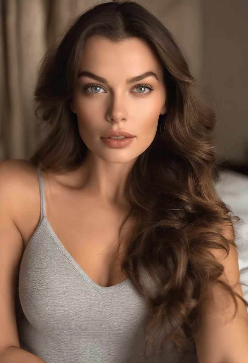 Arafed Mujer totalmente , Chica sexy con ojos marrones, ultra realista, enfocado, meticulosamente detallado, Retrato Sophie Mudd, Retrato Milla Jovovich, Retrato Liv Tyler, brown hair and large eyes, selfie de una mujer joven, Ojos del dormitorio, Violeta Myers, sin maquillaje, Maquillaje natural, staring directly into camera, cara con artgram, maquillaje sutil, Impresionante foto de cuerpo completo arrodillado en la cama, En el dormitorio, Large bust, ojos verdes