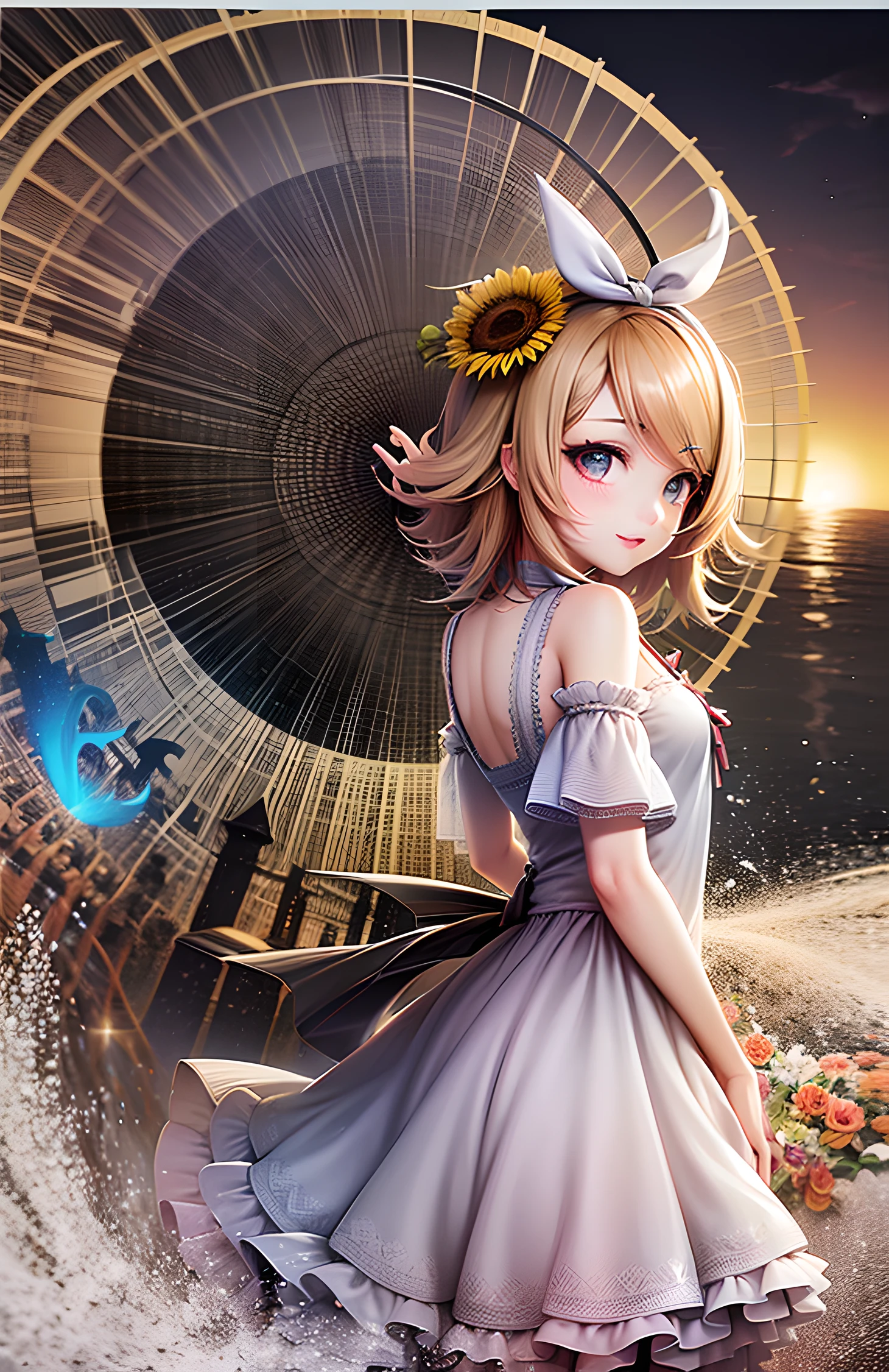 Anime girl with yellow umbrella and white dress, kagamine rin, splash art anime loli, official artwork, macross delta splash art, Rin, Official art, hanayamata, Rei Hiroe, Anime visuals of cute girls, lolish, loli in dress, ❤🔥🍄🌪, Yellow glowing magic, Beautiful sunflower anime girl