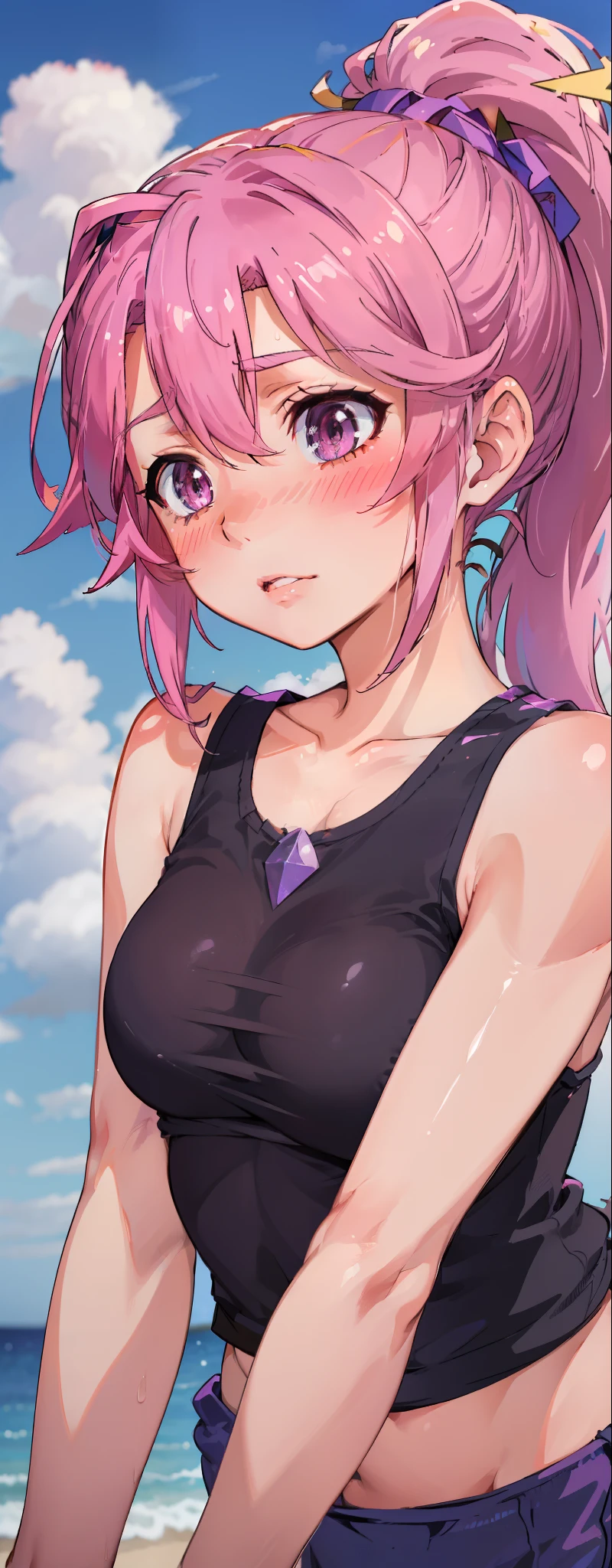 Jibril, ((upper body)), blushed, perfect anatomy, detailed eyes, detailed lips, extremely detailed eyes and face, vivid colors, sharp focus, masterpiece:1.2, ultra-detailed, blushed, ((doggystyle)), (solo), ((cropped tank top)), sleeveless, ((((ponytail))))