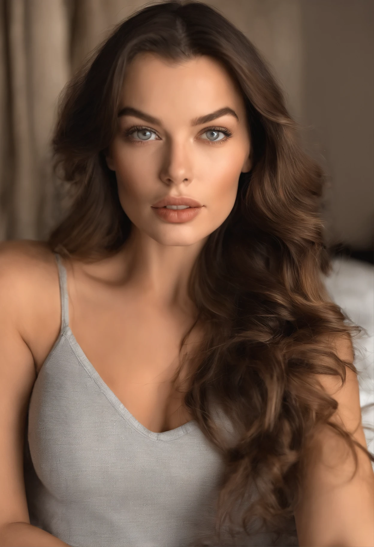 Arafed Mujer totalmente , Chica sexy con ojos marrones, ultra realista, enfocado, meticulosamente detallado, Retrato Sophie Mudd, Retrato Milla Jovovich, Retrato Liv Tyler, brown hair and large eyes, selfie de una mujer joven, Ojos del dormitorio, Violeta Myers, sin maquillaje, Maquillaje natural, staring directly into camera, cara con artgram, maquillaje sutil, Impresionante foto de cuerpo completo arrodillado en la cama, En el dormitorio, Large bust, ojos verdes