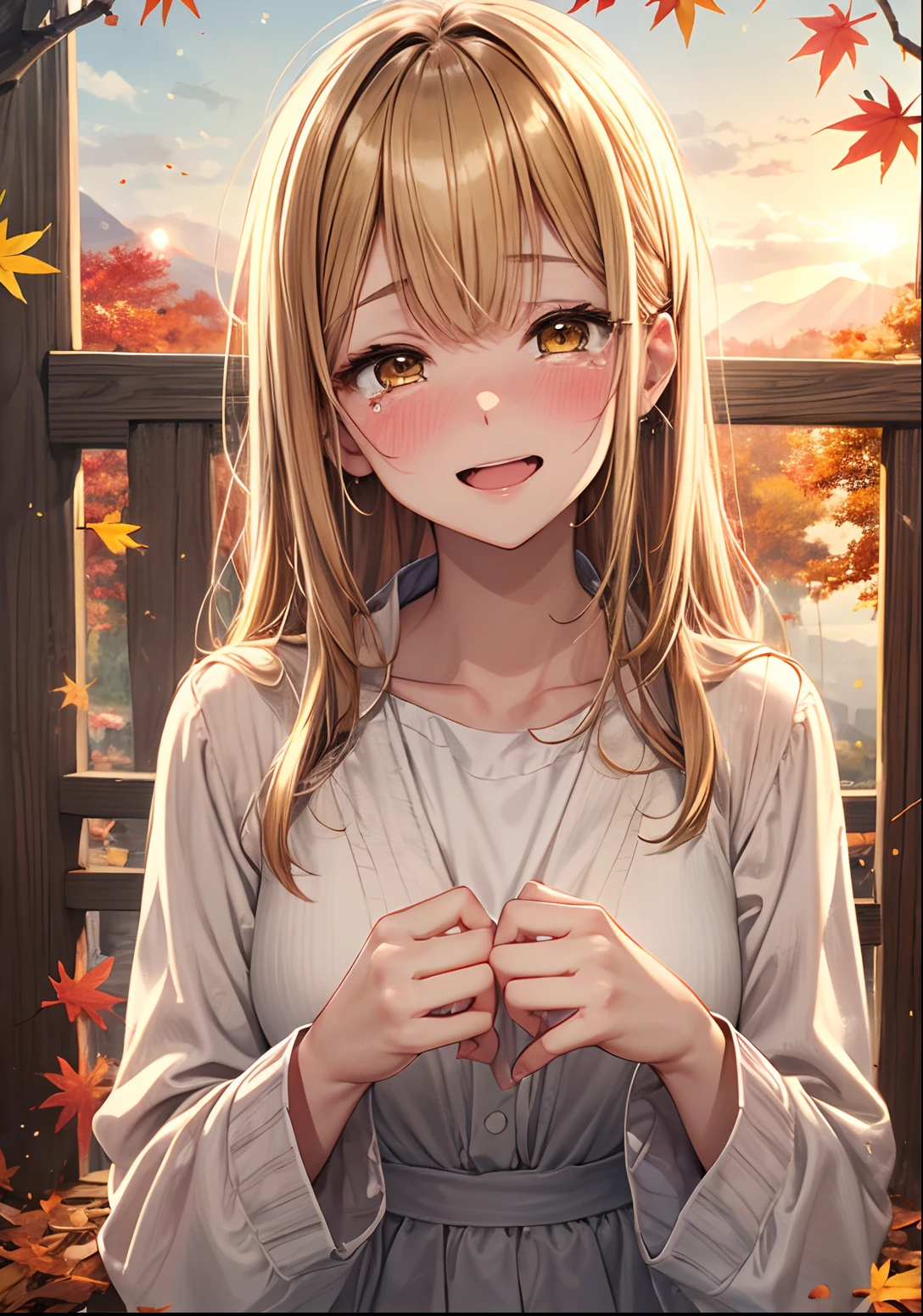 Top quality, masterpiece, Masterpiece, 1 woman, 22 years old, (sad smile crying: 1.5), Fox personification, Open mouth, blush, yellow skin, gold-eyed, brown hair, white inner color, white dress, Lots of autumn leaves, Autumn twilight, Orange view, Ghibli, Valley,