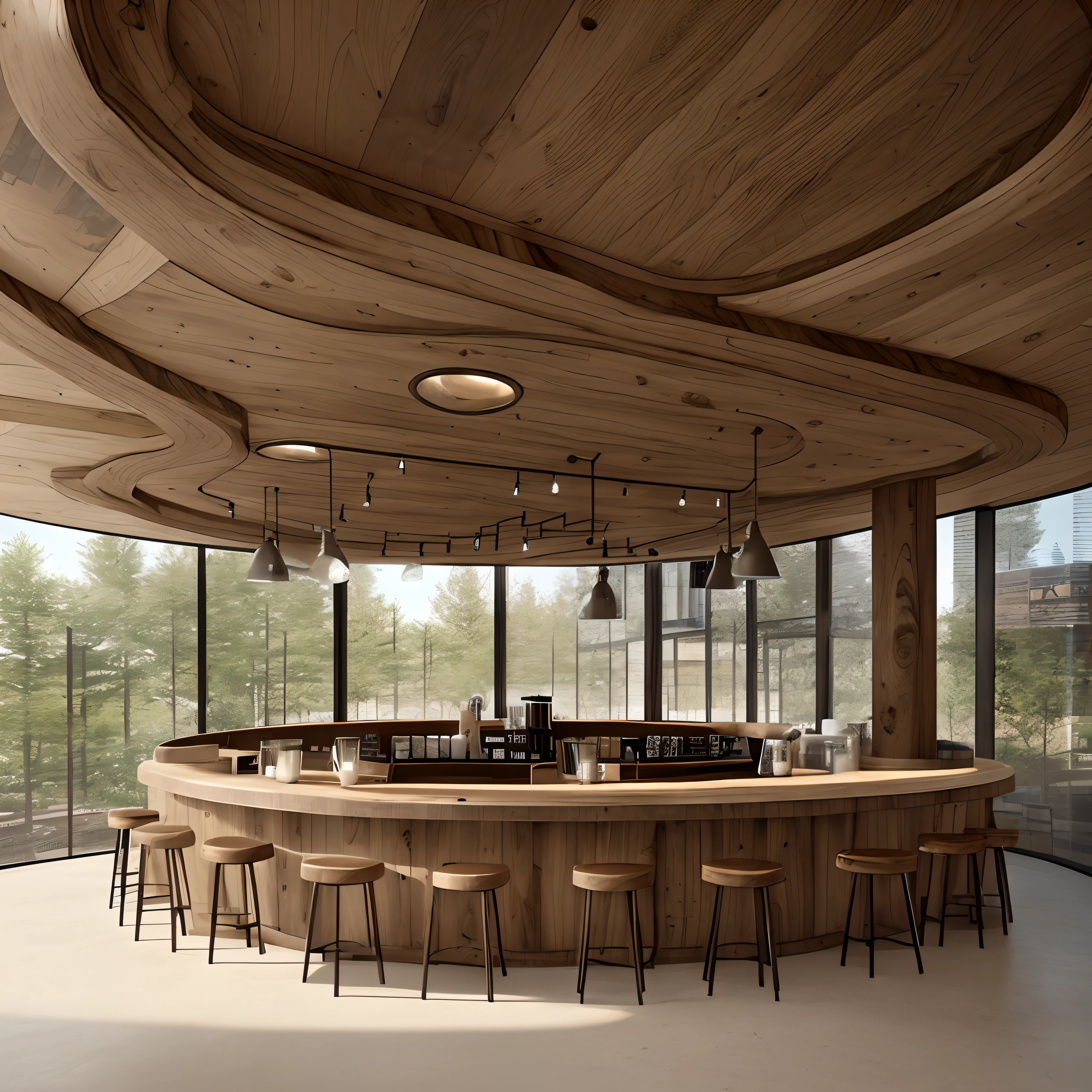 Rustic coffee shop, rounded corners, designed in brutalism style, walnut wood and concrete materials, hyperrealistic, extremely detailed, large sitting places