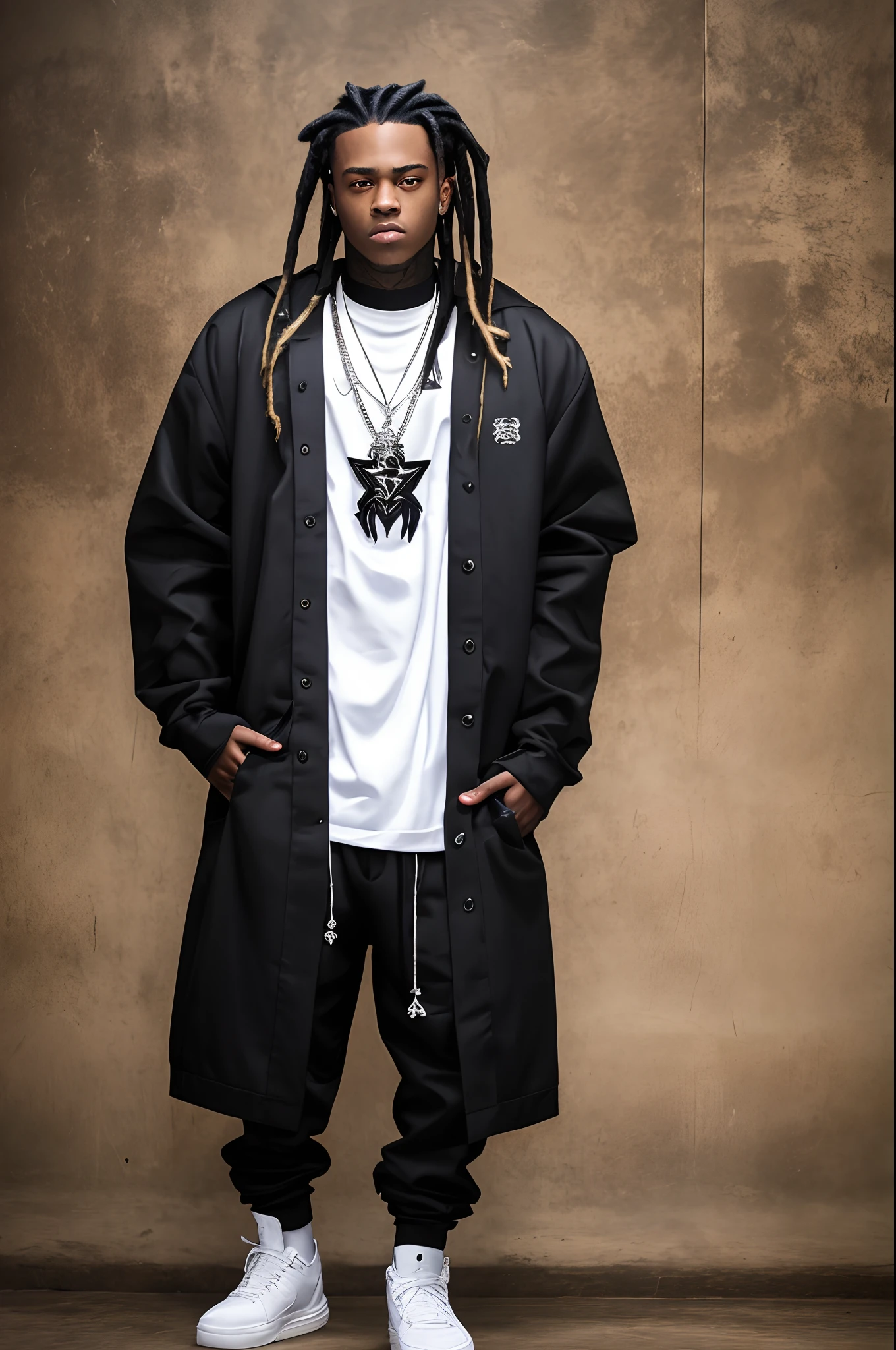 fullbody ,2d of evil fearfear menacing young short handsome clean class sophisticated black African school student rap star hip hop star in formal streetwear rap baggy sagging street gang uniform with xxxtentacion juice wrld full hairstyle strands flowing long dreadlocks with glowing aura outline evil villian , photo, portrait photography school room