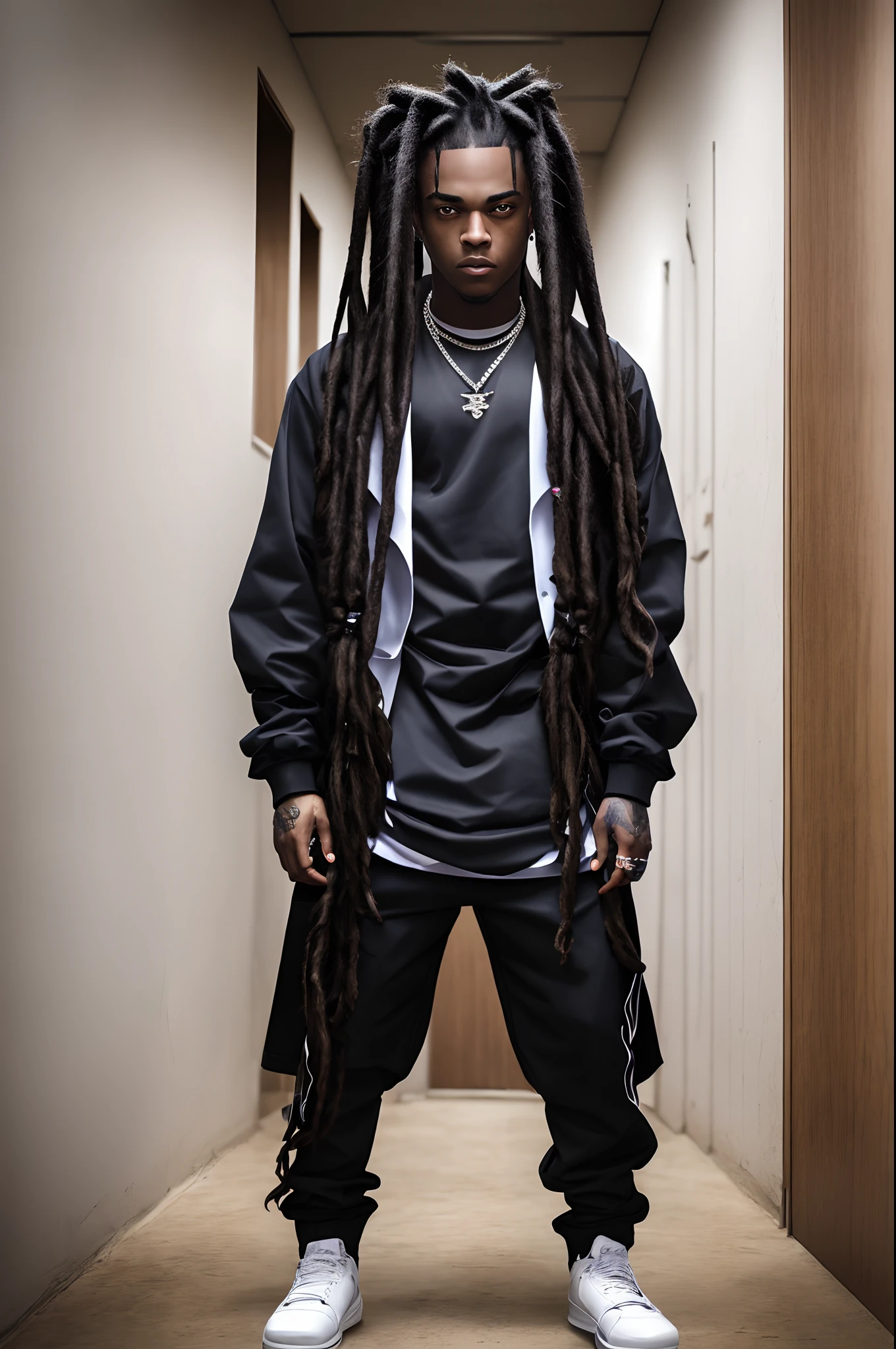 fullbody ,2d of evil fearfear menacing young short handsome clean class sophisticated black African school student rap star hip hop star in formal streetwear rap baggy sagging street gang uniform with xxxtentacion juice wrld full hairstyle strands flowing long dreadlocks with glowing aura outline evil villian , photo, portrait photography school room