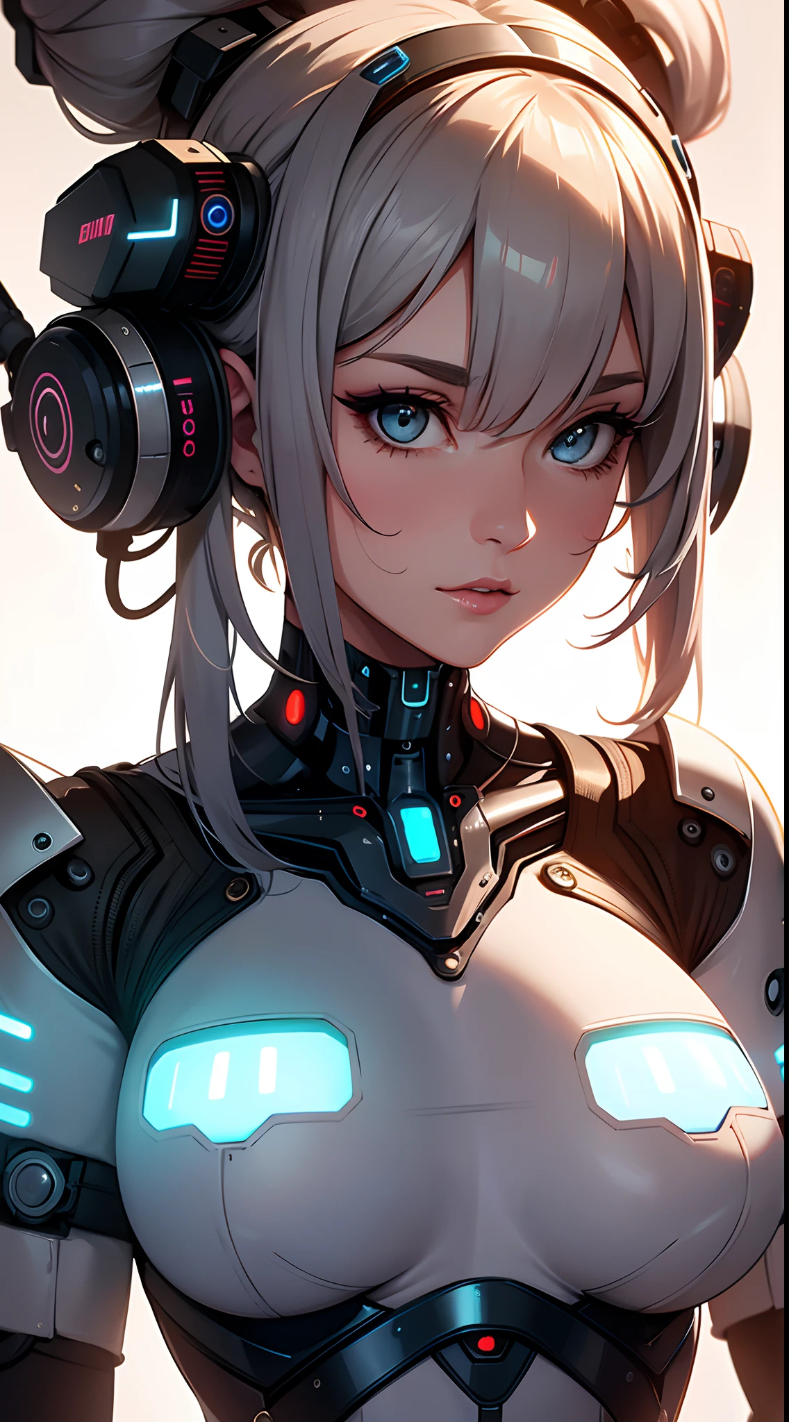 (((masterpiece, best quality, illustration, finely detail))),((extremely detailed cg unity 8k wallpaper, highres)),(((beautiful detailed face and eyes and hair:1.1))),amazing, 1boy,arms_around_neck,solo, (full body), (mecha),(Cyberpunk:1.3),(Luminescent particle:1.5), ,high saturation,low brightness,(red),((upper body)),girl face,