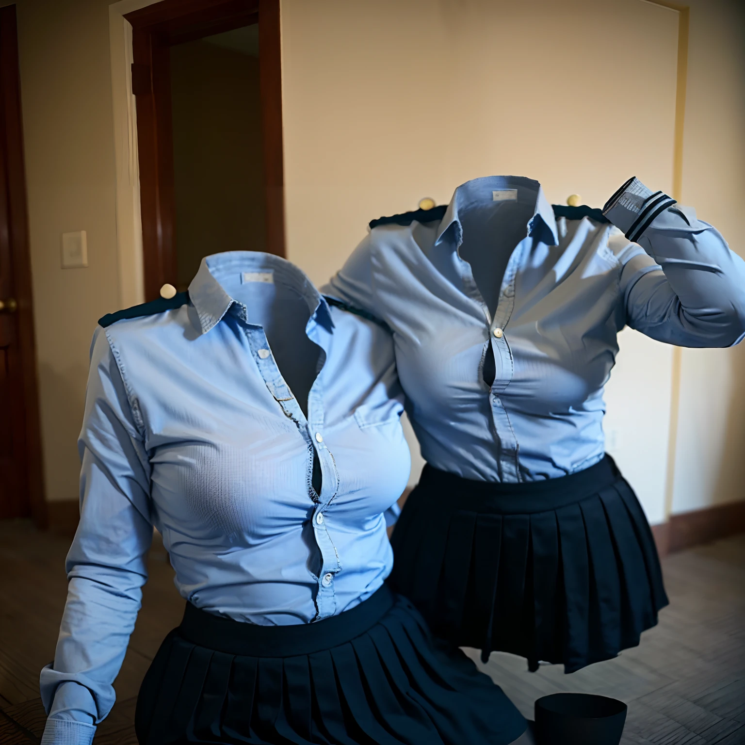 nsfw, 8K raw photo, Best quality, masterpiece, ultra high res, (photorealistic:0), Girls' school uniforms on hangers in closet raise their sleeves on their own as if  worn by invisible girls, Hanger busty school uniforms on hangers swell into girls' shape as if  worn by invisible busty girls, School uniforms has big breasts and cleavages,school uniforms without humans, headless, faceless, no hands, black tights, plaid skirt, white shirt, Empty school uniforms pose with buttocks facing you, Hanger school uniforms bending forward in closet as if worn by invisible girls, Empty school uniforms pose with buttocks facing you, jk ribbon on the neck, Pose with buttocks facing you, empty school uniforms, invisible girls, headless, no hands, hanger school uniforms, (detailed background)