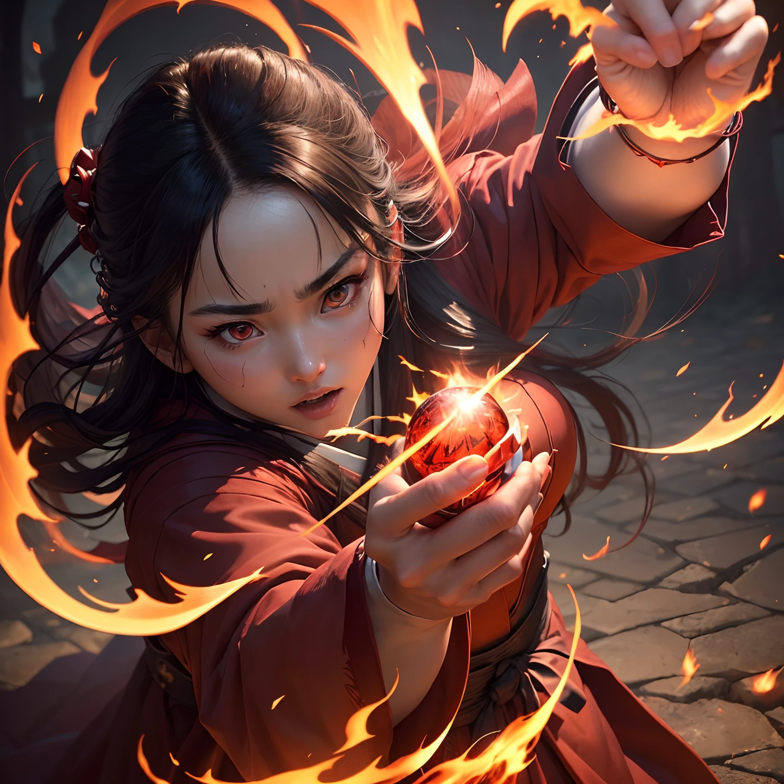 (Best Quality,Ultra-detailed,Realistic:1.37)、Japan priestess attacks with flame magic、An 18-year-old woman、(Sharp eyes:1.5)、Aggressive look、Witch costume、red hakama、Radiates flames from the palm of your hand、Pentagram、Full body