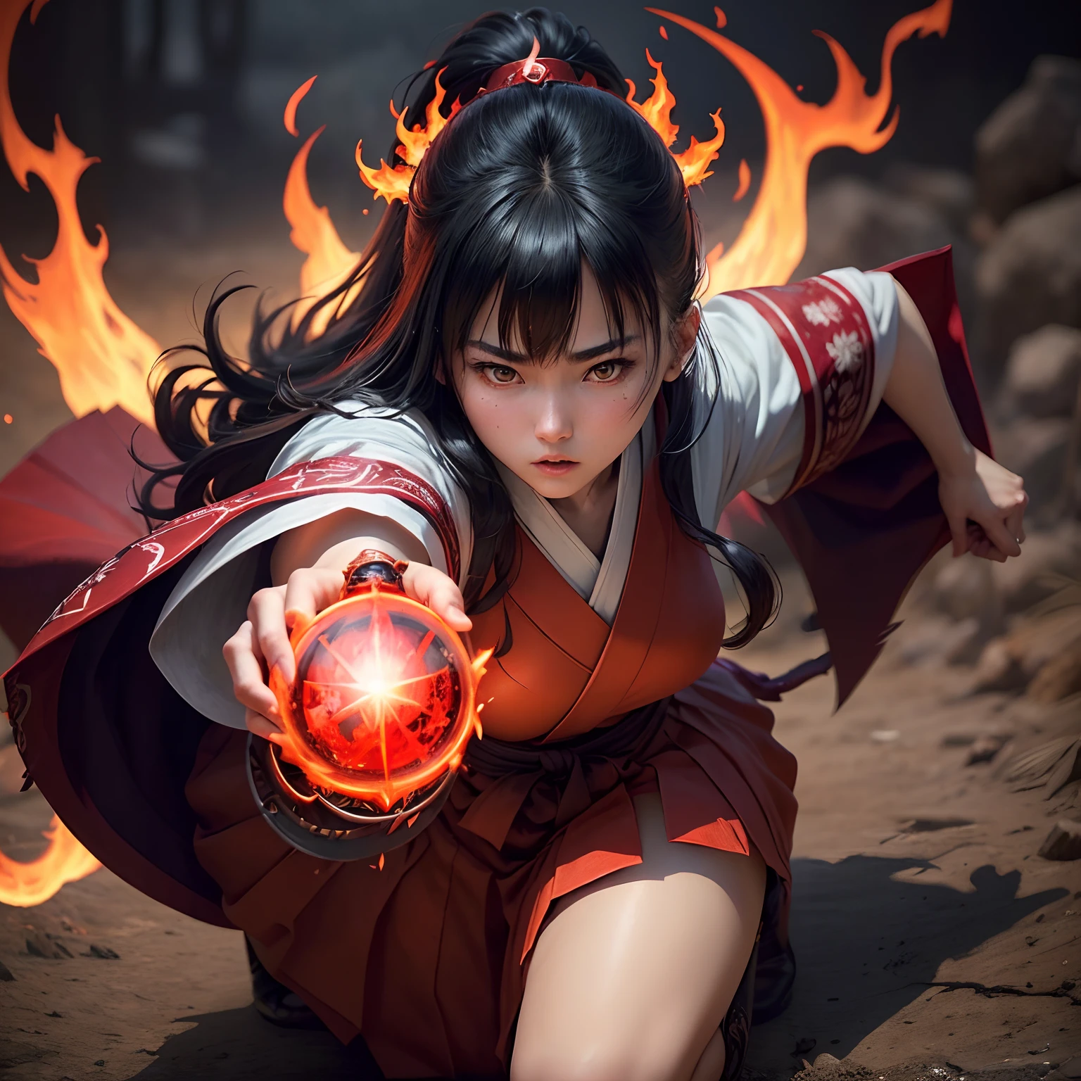 (Best Quality,Ultra-detailed,Realistic:1.37)、Japan priestess attacks with flame magic、An 18-year-old woman、(Sharp eyes:1.5)、Aggressive look、Witch costume、red hakama、Radiates flames from the palm of your hand、Pentagram、Full body