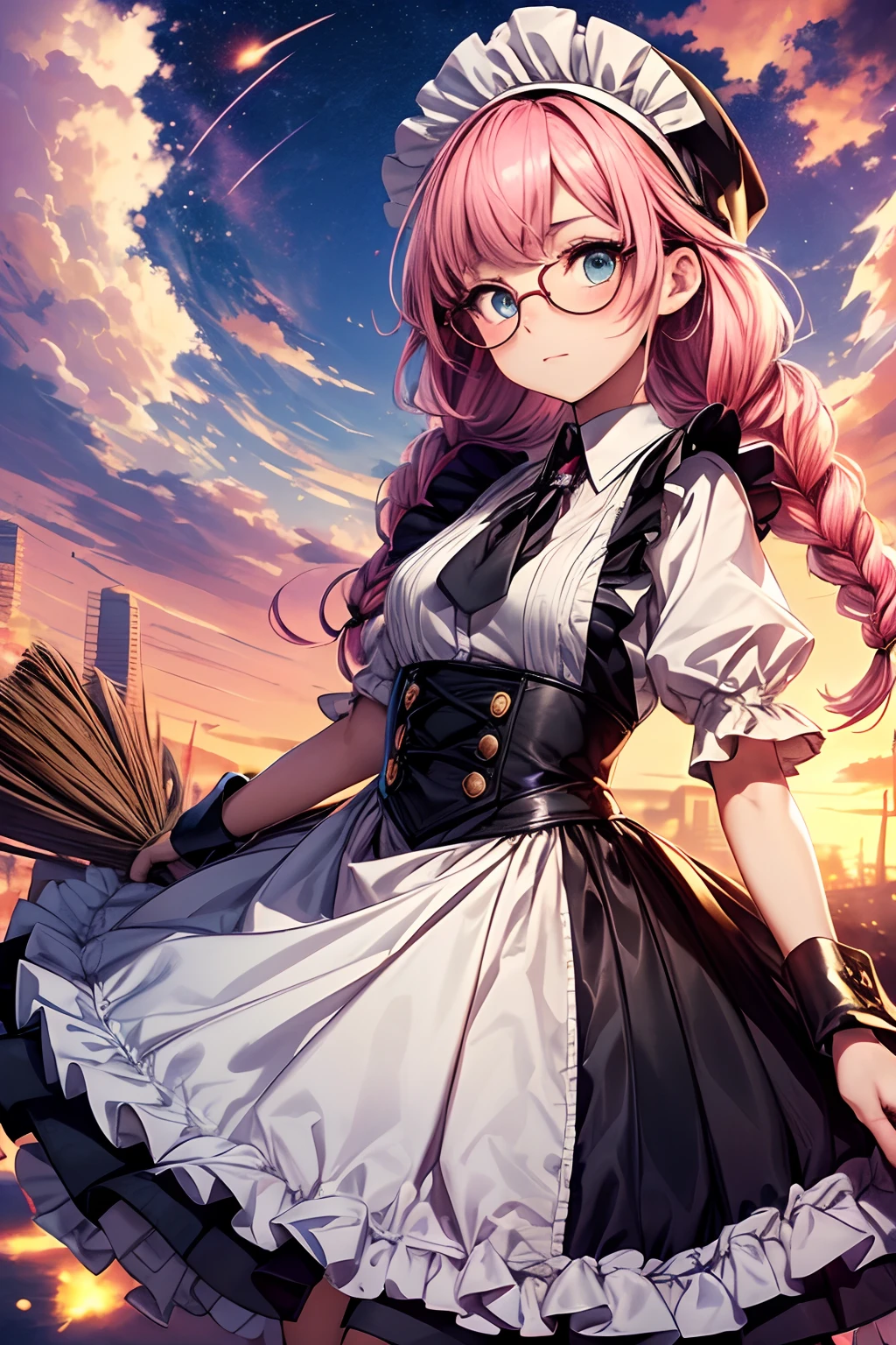 masutepiece, Best Quality, Official art, (Fractal Art:1.3), 1girl in, (masutepiece, Best Quality, 8K:1.37), ((maid clothes, Cuffs, Art Deco Cap, Pink hair, Blue Eye, Round glasses, double braids, Dozikko, Holding a broom:1.4)) ,Super Dodgy Girl, jrpg character art,Extreme close-up, lolita, pudica pose, anime girls in maid costumes, small curvy loli, detailed clothes, Front view, Character Focus, In the sky, cloud, Sunset, Colorful, Cinematic magic lighting, portal, Holy Light, Long black trousers, Golden particles, llight rays,