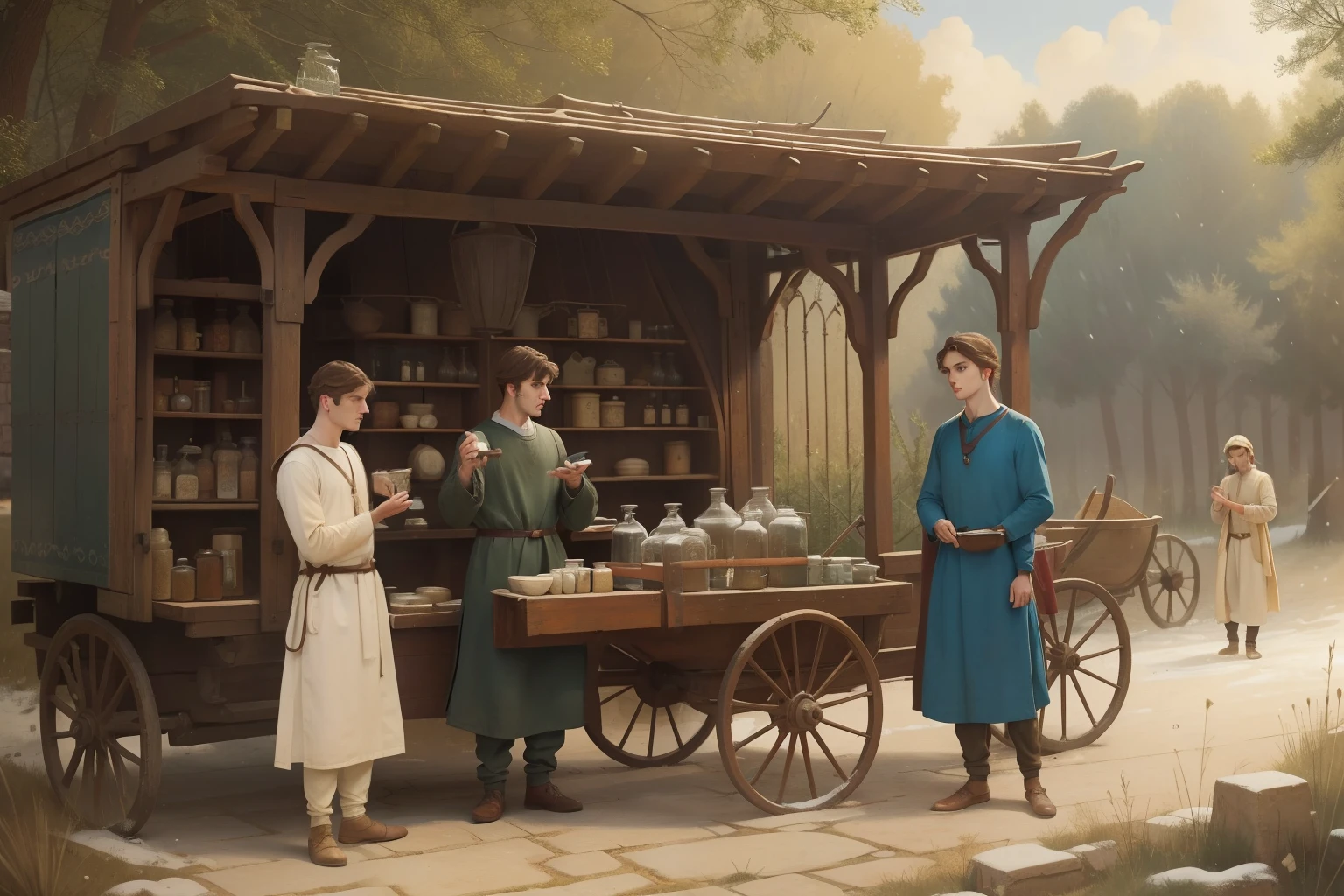 Year: 11th century. Location: Bulgary. Pre-raphaelite scene with a 20-year-old english man, physician, attending patients, outdoors, in front of a (cart) full of (potions and jars), (book), ((winter)), ((((11th century plain tunic)))) ((11th century hairstyle)), (((cinematic style)))