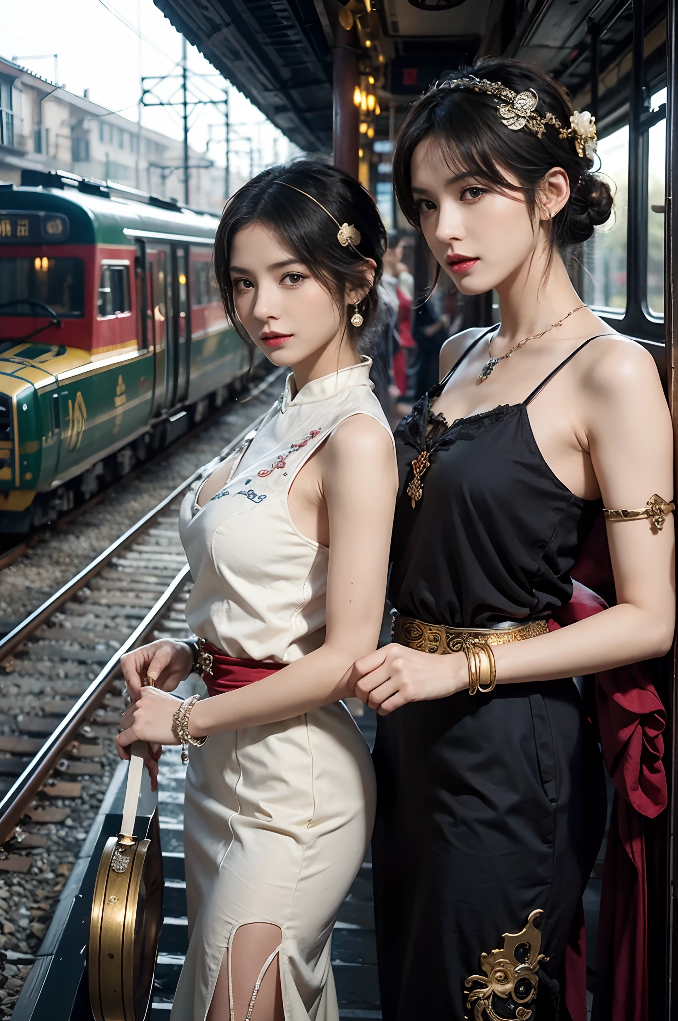 There is a train traveling along the tracks in the dark, gothic locomotive, Victorian artistic fantasy,  steampunk concept art, detailed game art illustration,(retro train background) ,Masterpiece,Perfect drawing,Two beautiful girls, Lovers, Lesbians,(Taoist hairstyle,Giant Taoist hairpin:1.6,Taoist hair accessories,armlets, bangle:1.3),bauhause, bulgari, official valentino editorial