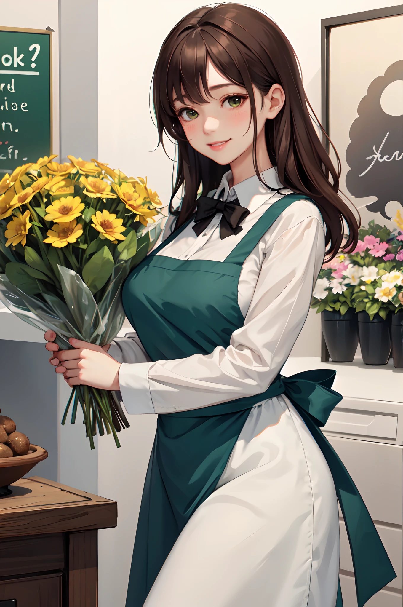 1lady solo, /(staff uniform/) /(deep green apron/), /(brown hair/) bangs, blush kind smile, (masterpiece best quality:1.2) delicate illustration ultra-detailed, large breasts BREAK /(flower shop/)