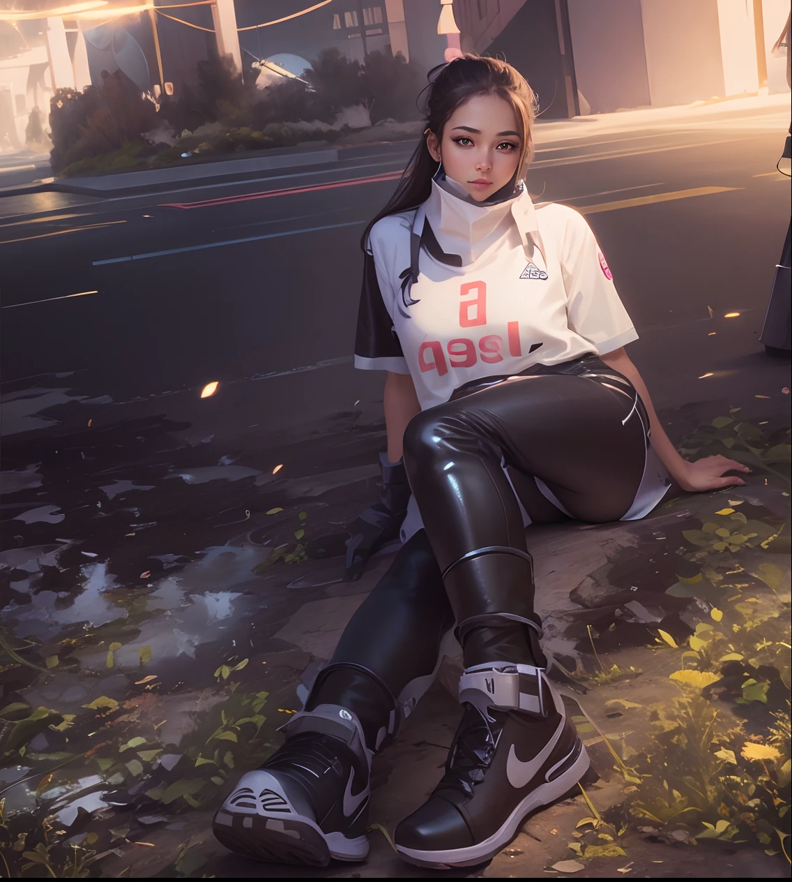 1girl, dynamic angle, (abstract background:1.3)hugging knees sitting, art by Erik Jones, octane render, High exposure of a Biochemical [Lily Sheen|Trevor Philips], looking down, Radiant hair, Foggy conditions, Sunlight, L USM, official art, unity 8k wallpaper, ultra detailed, aesthetic, masterpiece, best quality, photorealistic