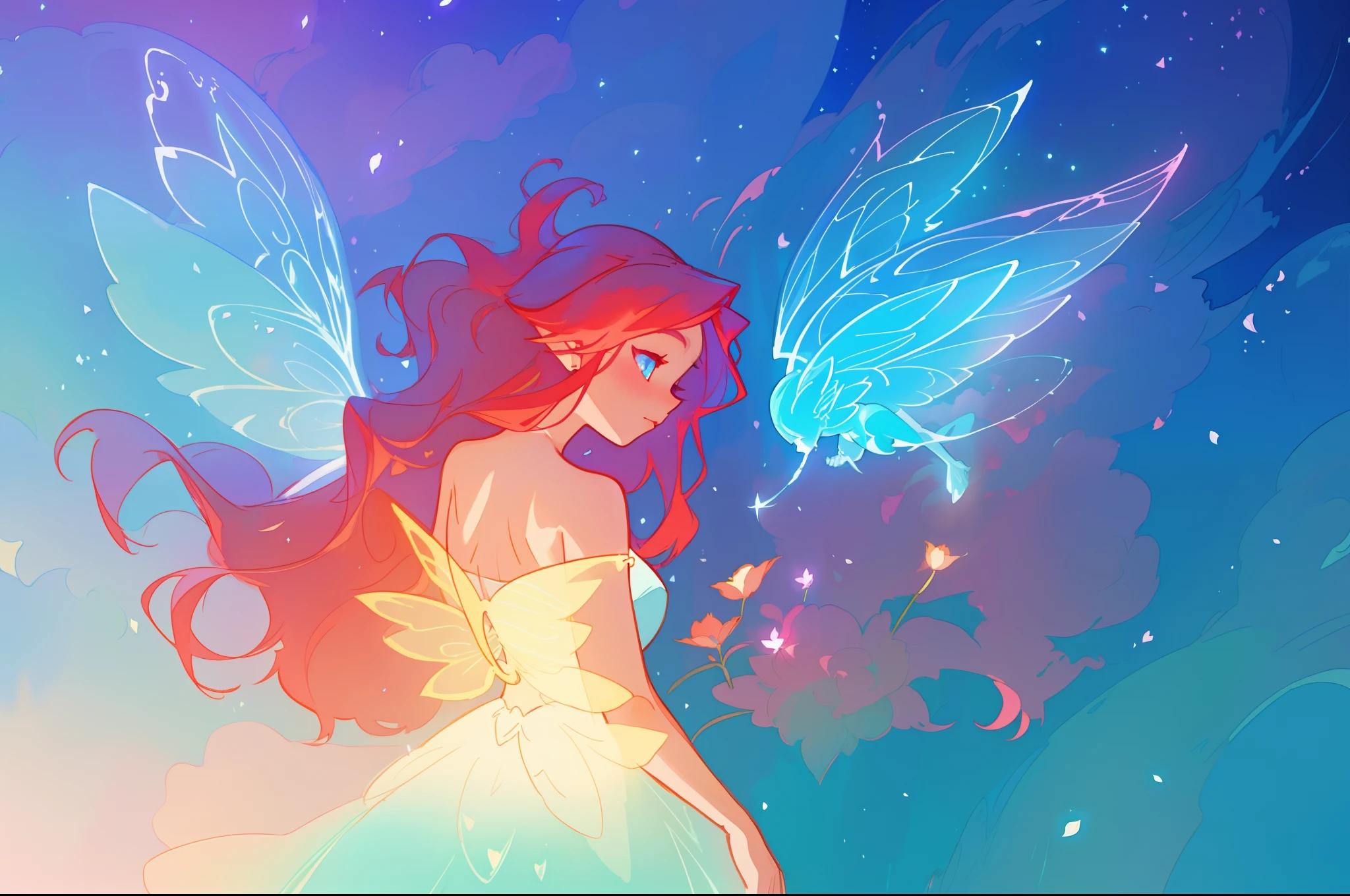 beautiful girl in flowing white dress, (glowing fairy wings), glowing flowing ballgown, glowing red hair, sparkling fairy wings, watercolor illustration, flowers and colorful plants, inspired by Glen Keane, inspired by Lois van Baarle, disney art style, by Lois van Baarle, glowing aura around her, by Glen Keane, jen bartel, glowing lights! digital painting, flowing glowing hair, glowing flowing hair, beautiful digital illustration, fantasia otherworldly landscape plants flowers, beautiful, masterpiece, best quality, anime disney style