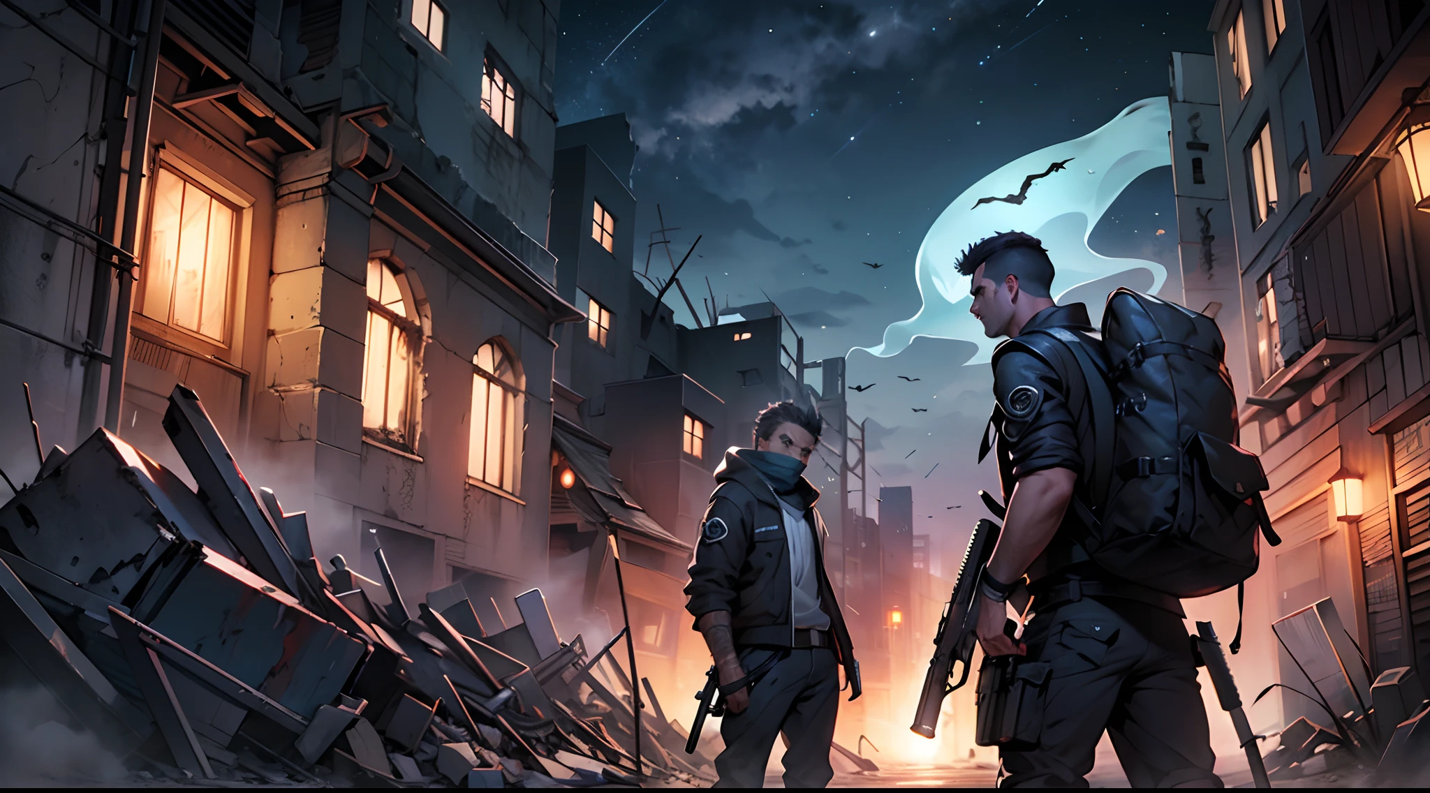 (side view, ruins, darkness, night, post apocalyptic), on the left a ghost hunter with a gun, on the right a menacing's wraith who's attacking ghost hunter --auto --s2