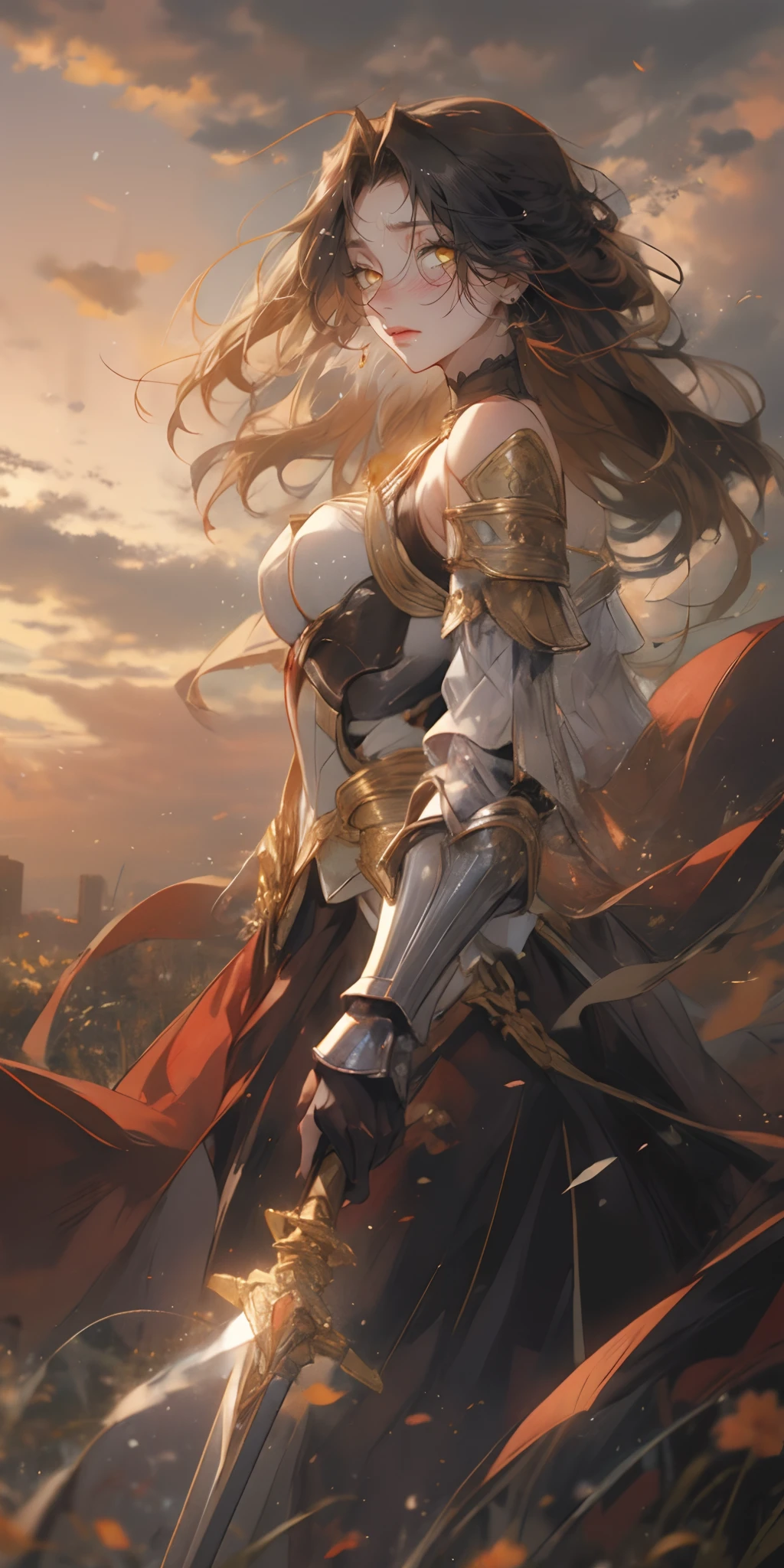 (black hair:1.4), forehead, yellow eyes, 1girl, solo, cloud, breastplate, sky, breasts, floating_hair, bare_shoulders, from_side, outdoors, detached_sleeves, standing, large_breasts, cloudy_sky, dress, skirt, looking_at_viewer, armor, red_skirt, long_sleeves, weapon, medium_breasts,