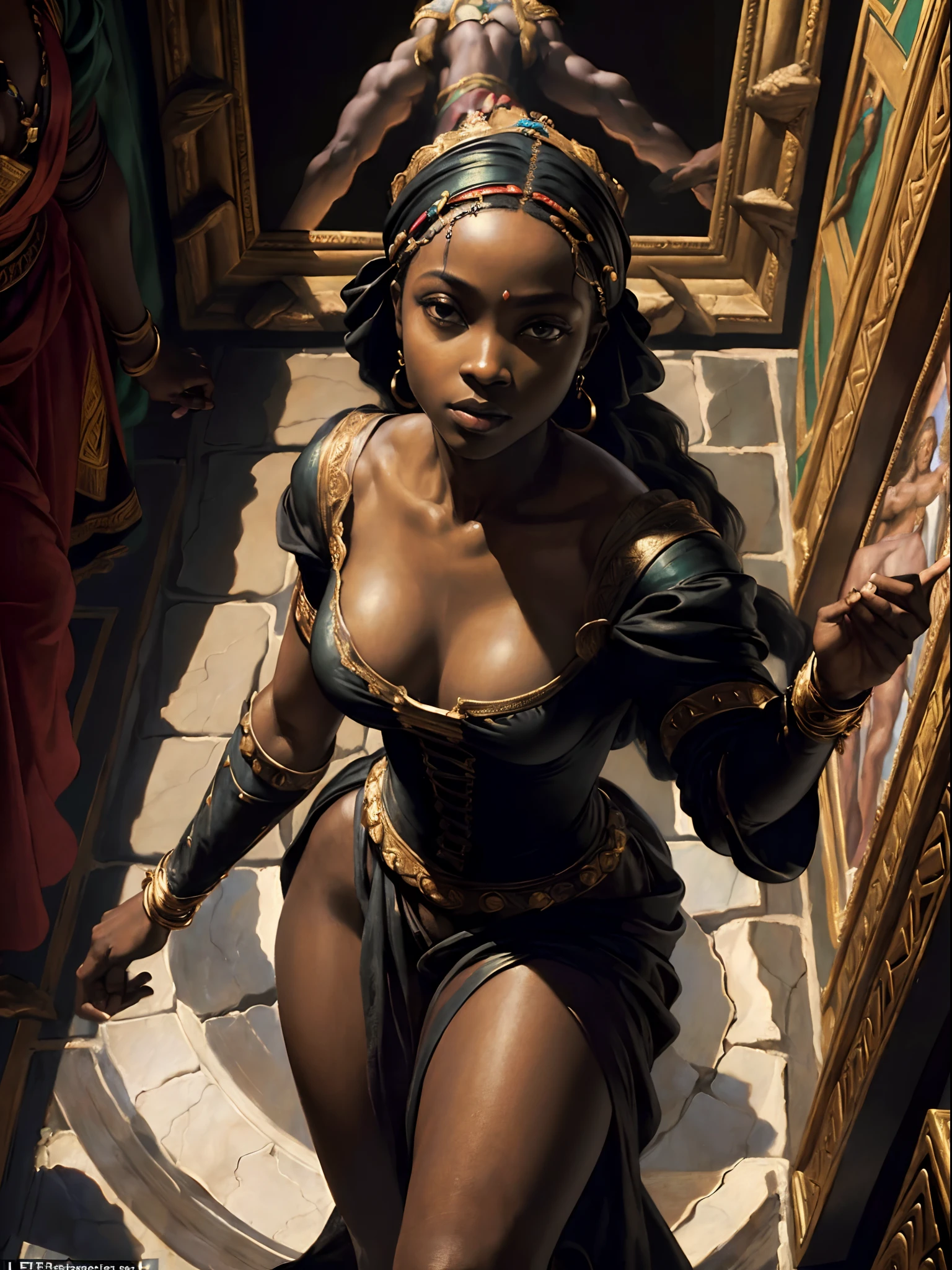 (Renaissance painting of a beautiful african black woman:1.3), best quality, masterpiece, expressive, thrilling, 256k, posing, reaching up, (from above), epic, crepuscular lights, (by Michelangelo, by Rafael, by Rubens:1.2), dynamic lighting, best quality, masterpiece, (best hands)