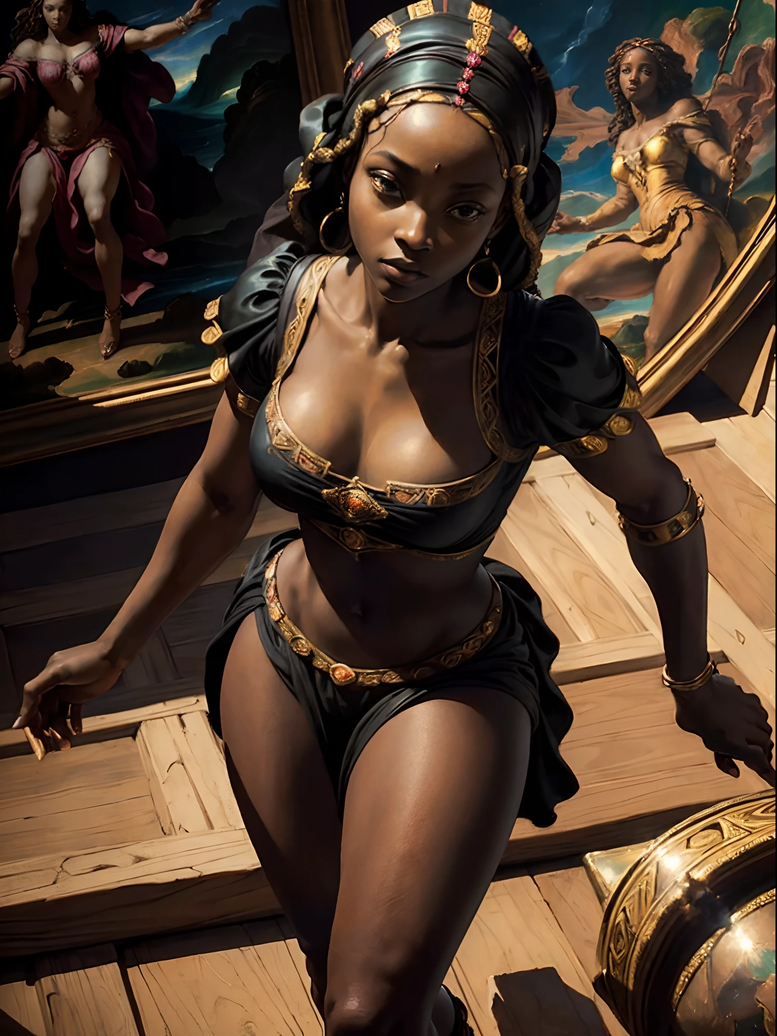 (Renaissance painting of a beautiful african black woman:1.3), best quality, masterpiece, expressive, thrilling, 256k, posing, reaching up, (from above), epic, crepuscular lights, (by Michelangelo, by Rafael, by Rubens:1.2), dynamic lighting, best quality, masterpiece, (best hands)