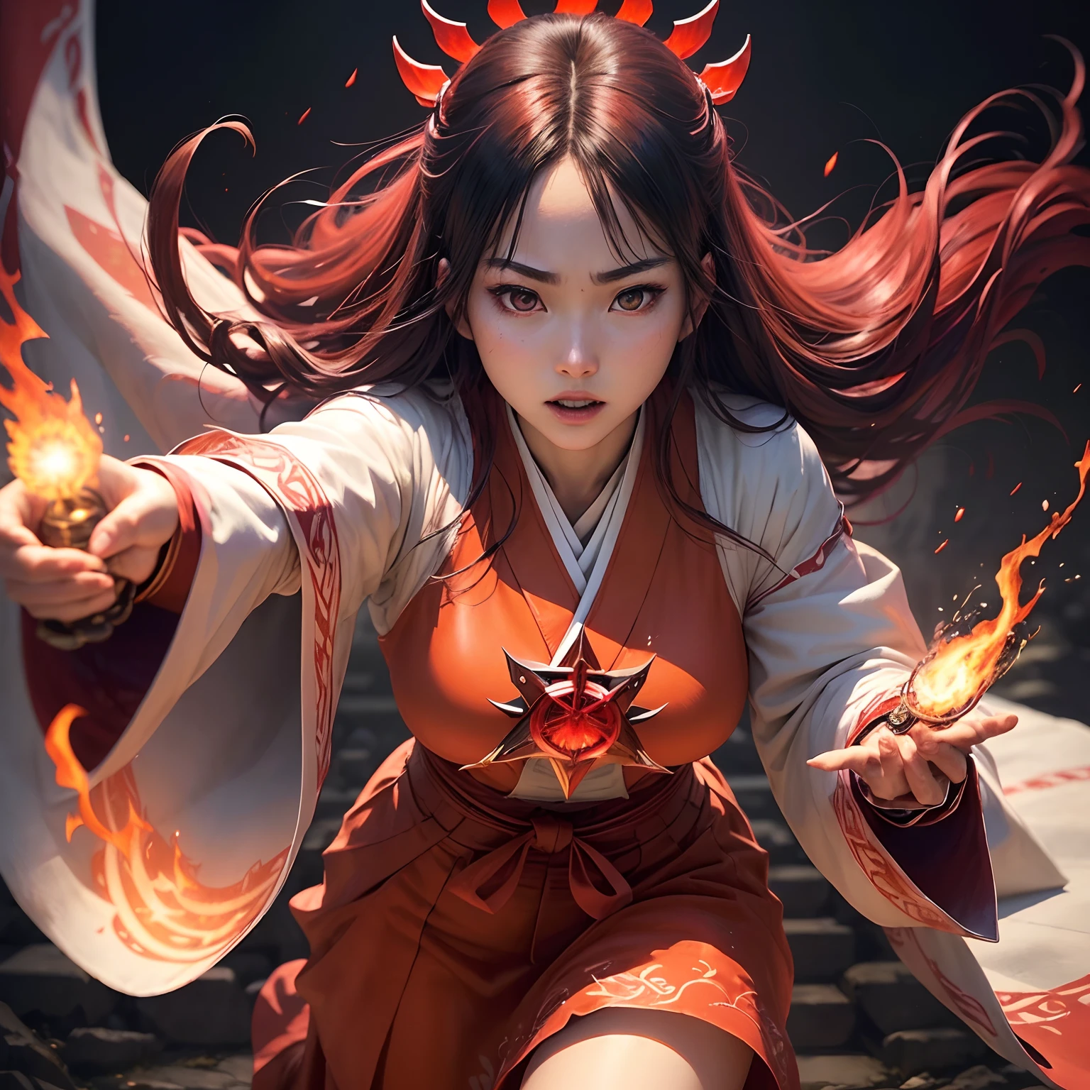 (Best Quality,Ultra-detailed,Realistic:1.37)、Japan priestess attacks with flame magic、An 18-year-old woman、(Sharp eyes:1.5)、Aggressive look、Stylish priestess costume、Red Hakama、Radiates flames from the palm of your hand、Pentagram、Full body