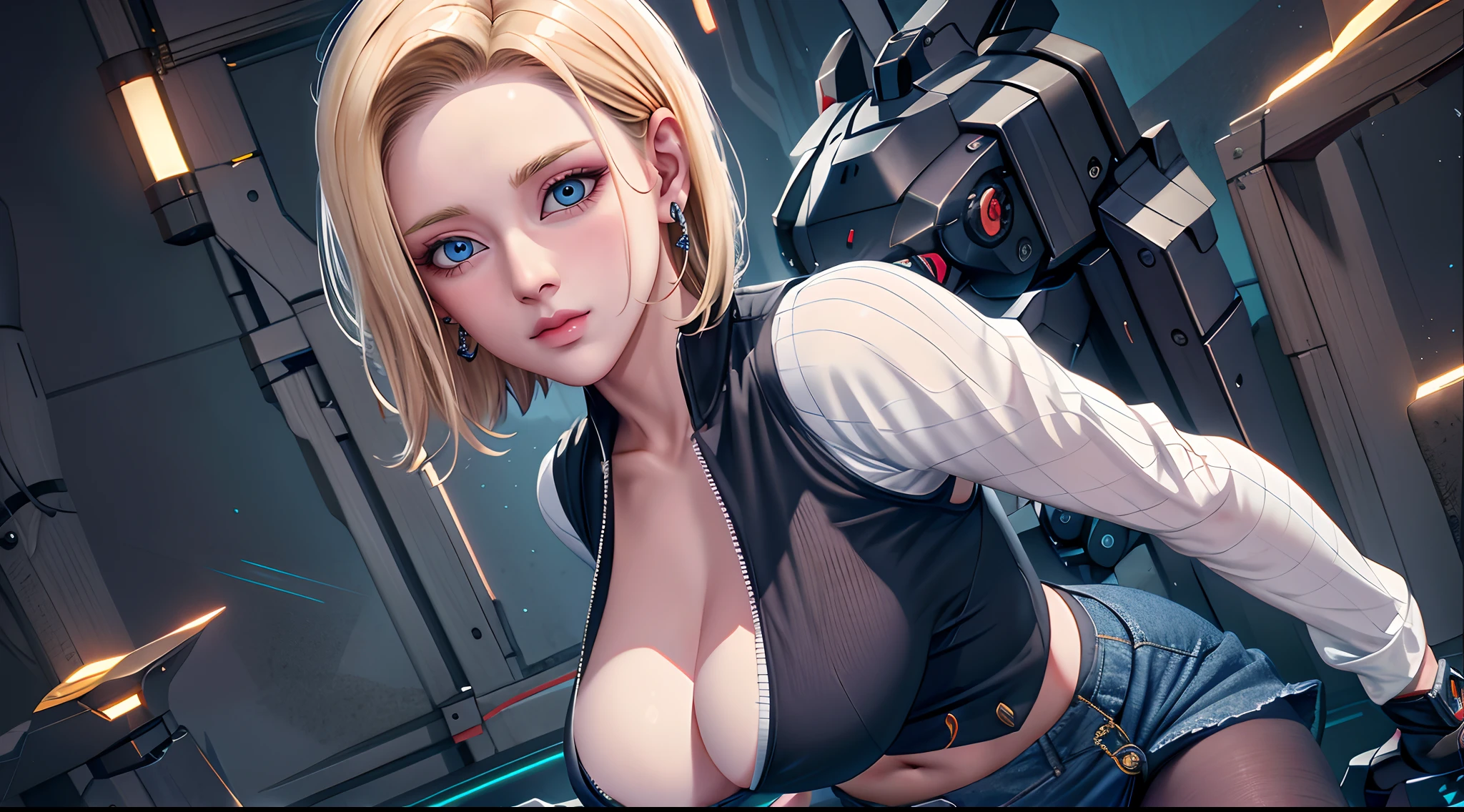 and 18， 1girll， Android 18， 独奏，Android 18 database， （（（blond hairbl， eBlue eyes， short detailed hair，耳Nipple Ring， jewely， laughingly，self-assured））），((Masterpiece)),A high resolution, ((Best quality))，tmasterpiece，top-quality，best qualityer，（（（ looking at viewert, There is light in the eyes）））