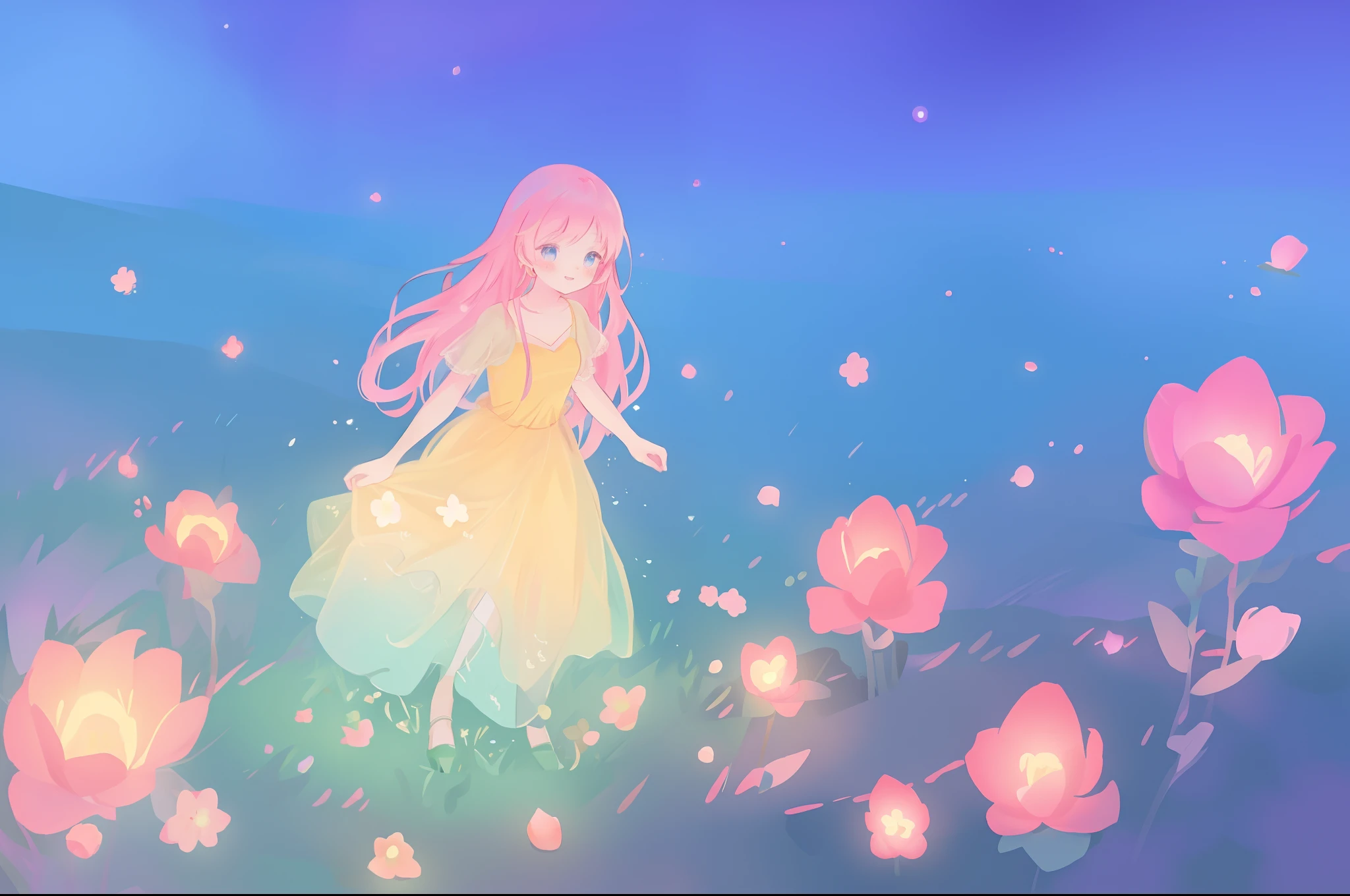 beautiful girl in flowing ballgown, (meadow with otherworldly round glowing flowers), ethereal, magical, whimsical, beautiful girl, inspired by Glen Keane, inspired by Lois van Baarle, disney art style, by Lois van Baarle, glowing aura around her, by Glen Keane, jen bartel, glowing lights! digital painting, flowing glowing hair, glowing flowing hair, beautiful digital illustration, fantasia otherworldly landscape plants flowers, beautiful, masterpiece, best quality, anime disney style, sharp focus, 8k resolution, highly detailed, intricate detail