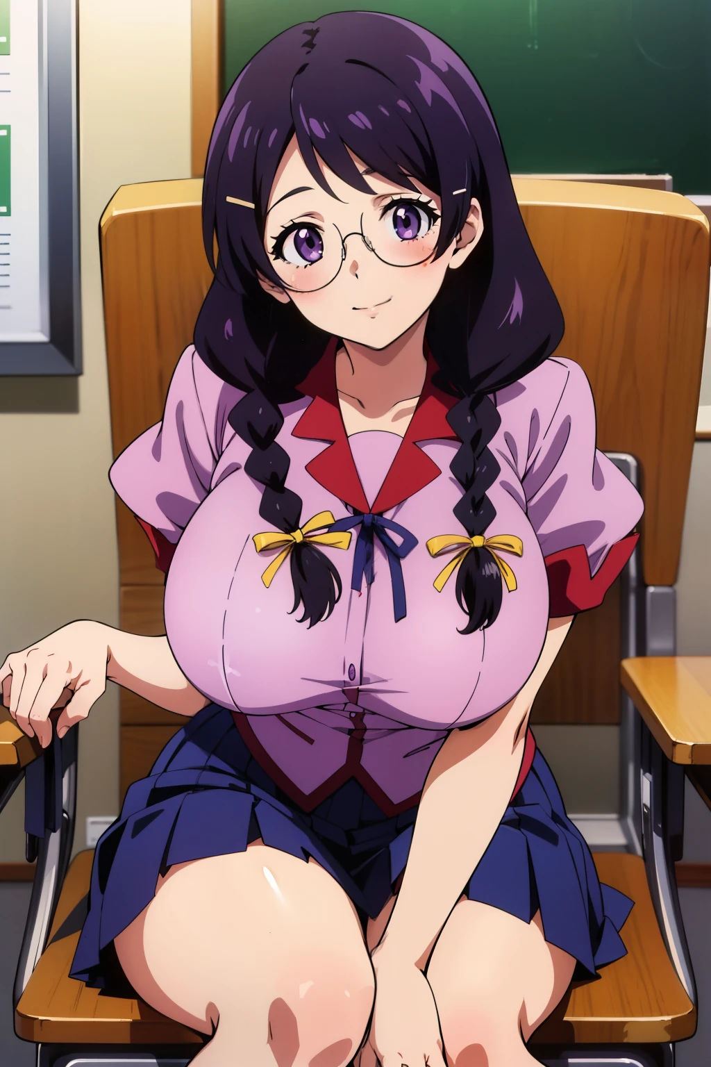 1990s anime cels style, 1990s manga style, best quality, high resolution, 1girl, (huge breasts:1.2), school uniform, skirt, school, blush, smile,  closed mouth, sitting, chair, hanekawa tsubasa, long hair, black hair, hair ornament, (purple eyes:1.1), braid, hairclip, twin braids, glasses,